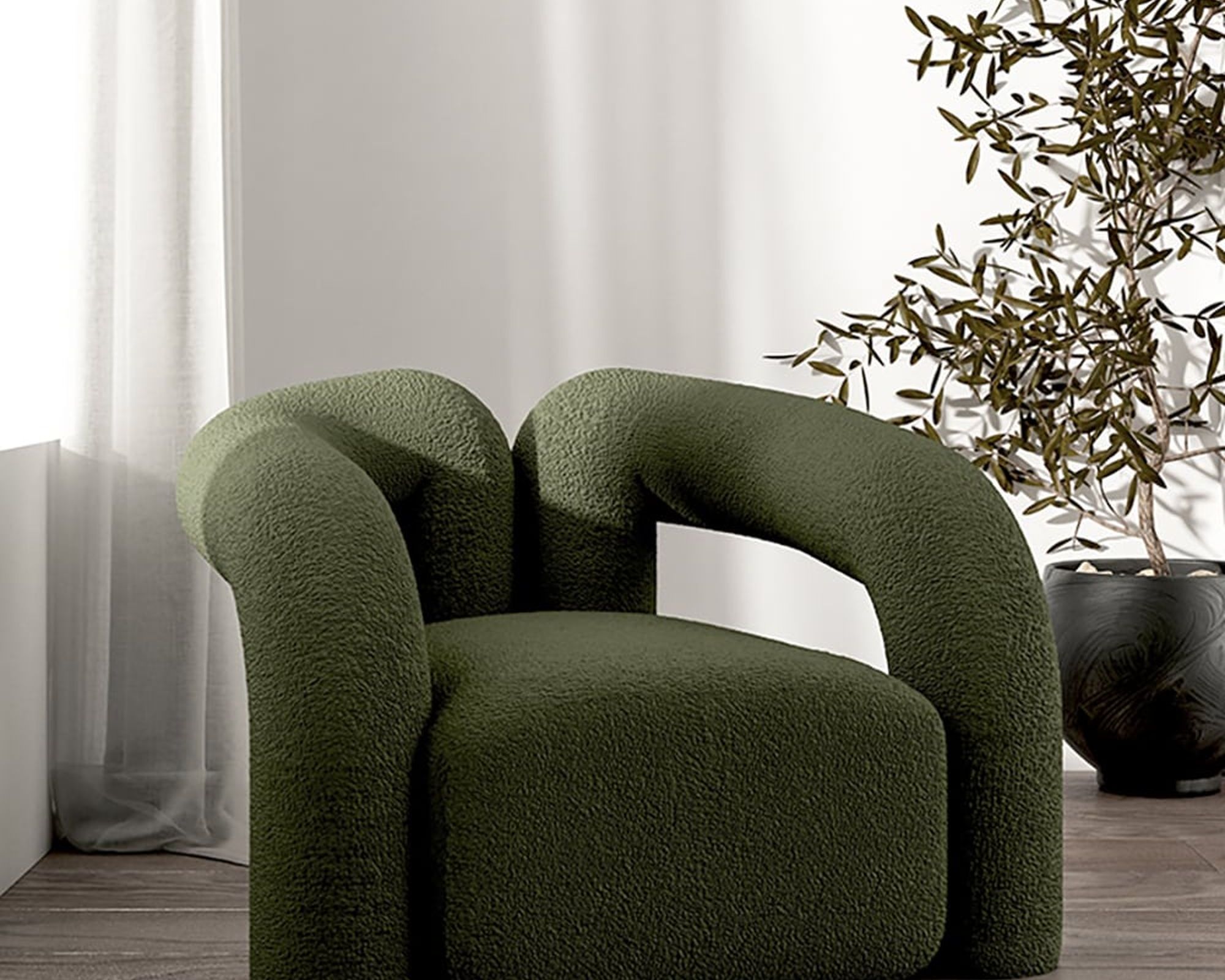 HMR Japandi Boucle Accent Chair Shaggy Armchair for Living Room - Dark Green