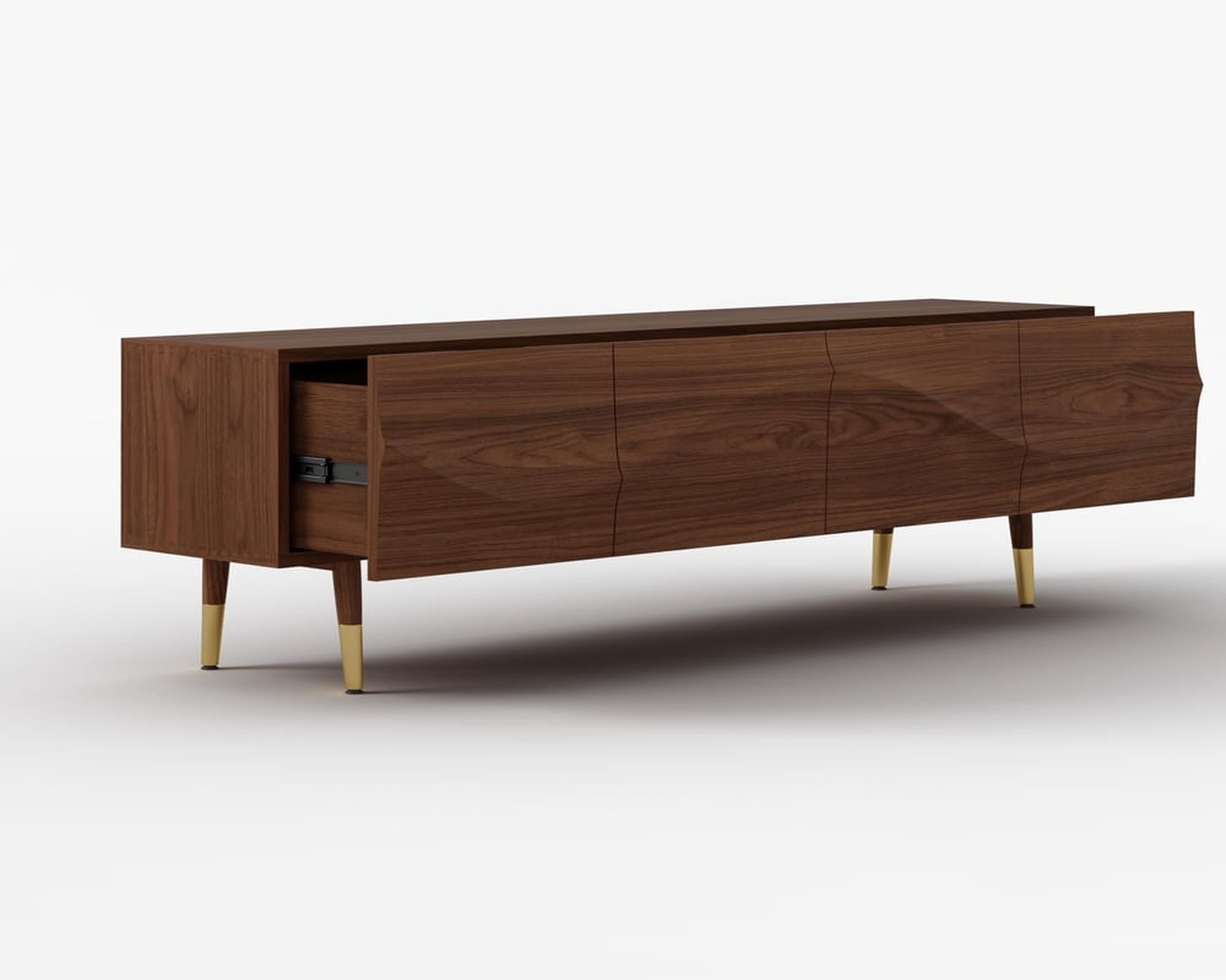 HMR Lake Mid Century TV Stand with Wavy Design Storage 4 Drawers for TVs Up to 75" - Walnut