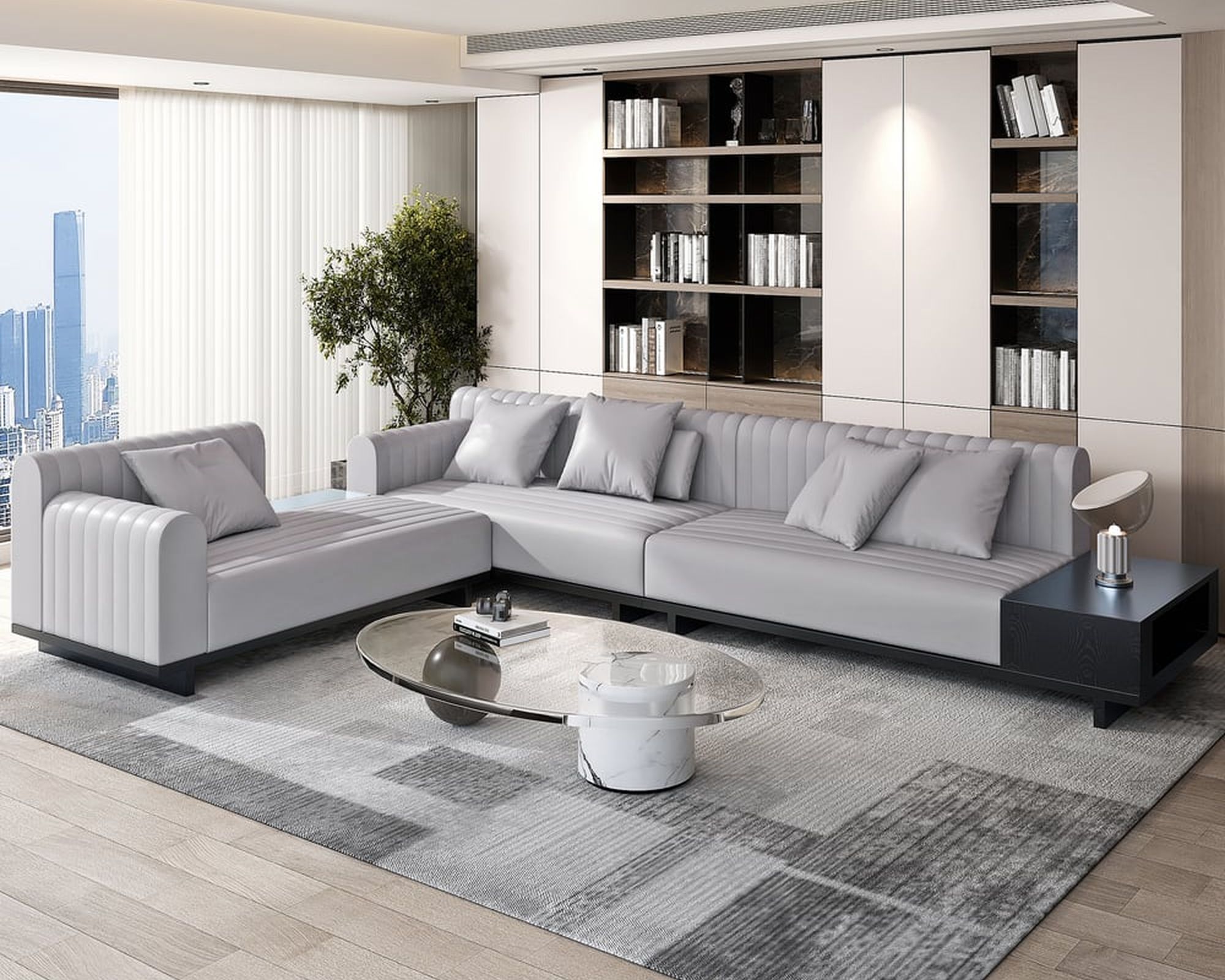 HMR 157" Modern Corner L-Shaped Sectional Sofa with Side Open Storage - Light Gray, Faux Leather