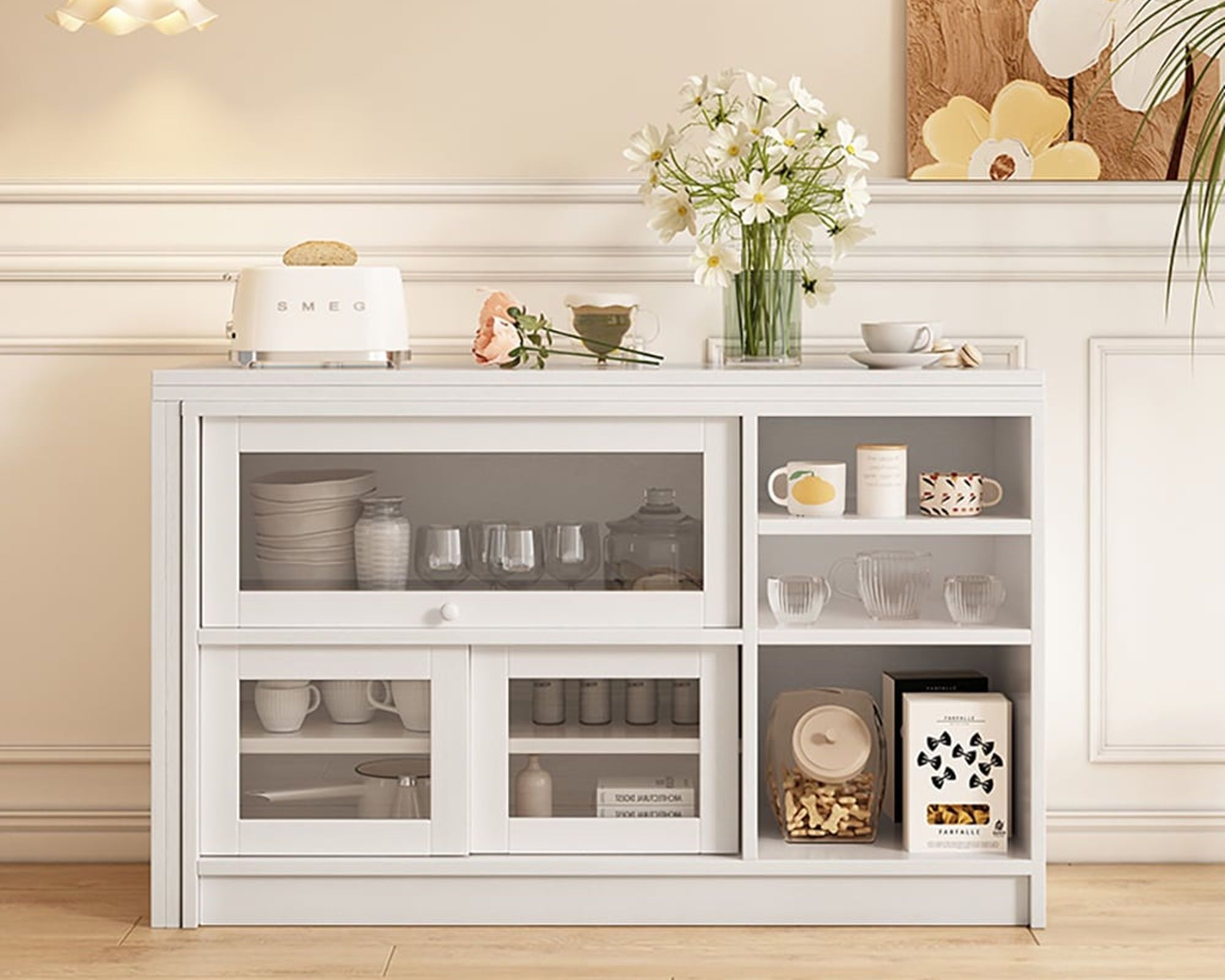 HMR Farmhouse Extendable Wood Sideboards and Cabinets with Ample Storage - White