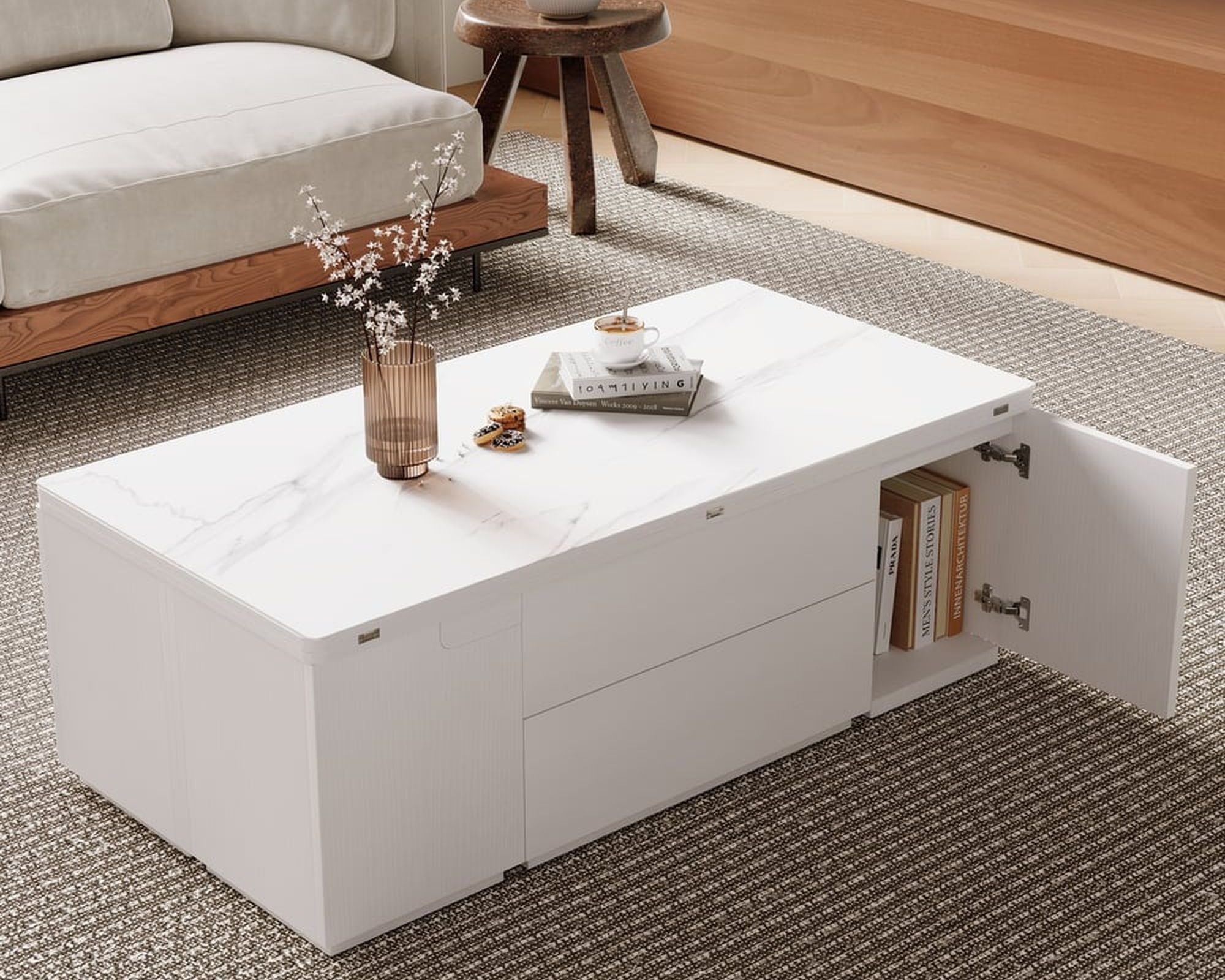 HMR Modern Lift Top Coffee Table with Drawers & Storage - Sintered Stone