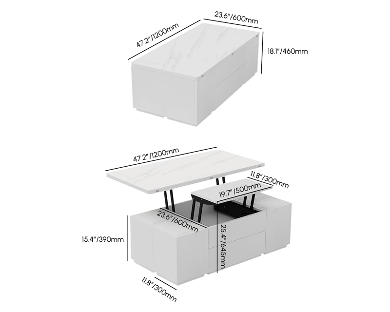 HMR Modern Lift Top Coffee Table with Drawers & Storage - Sintered Stone