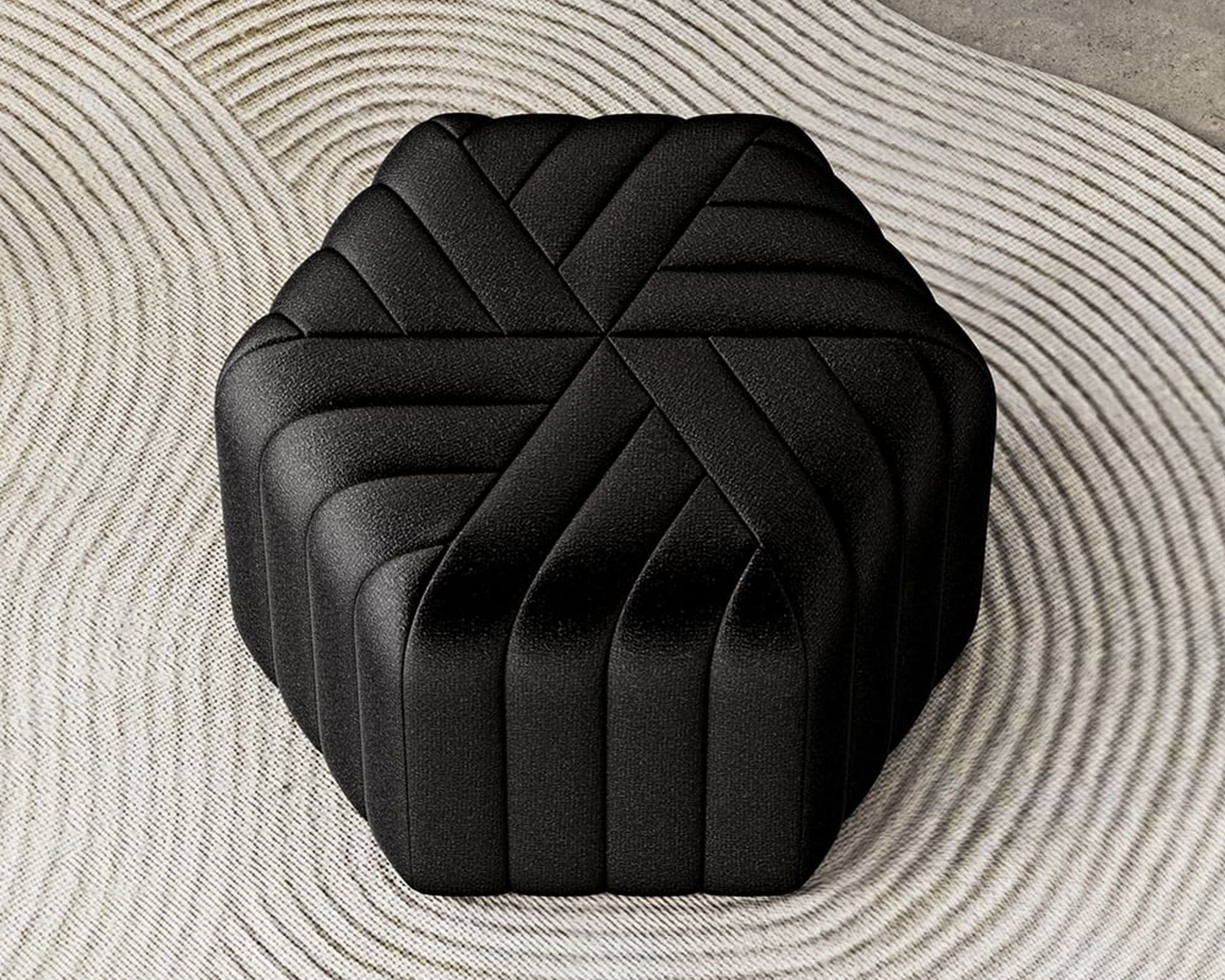 HMR Wide Hexagonal Pouf Ottoman - Black, Velvet