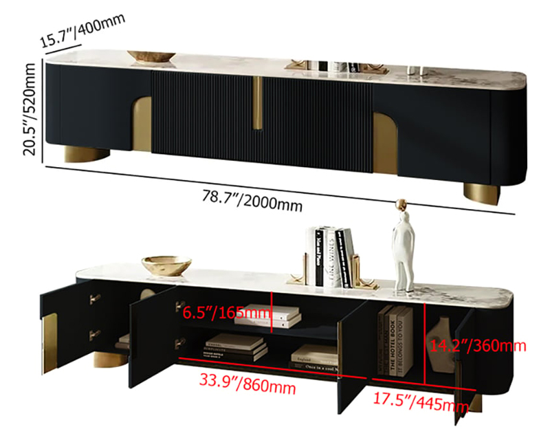 HMR Artus Modern TV Stand Stone Top 4 Doors with Storage Media Console - Black, 78.7"W x 15.7"D x 20.5"H