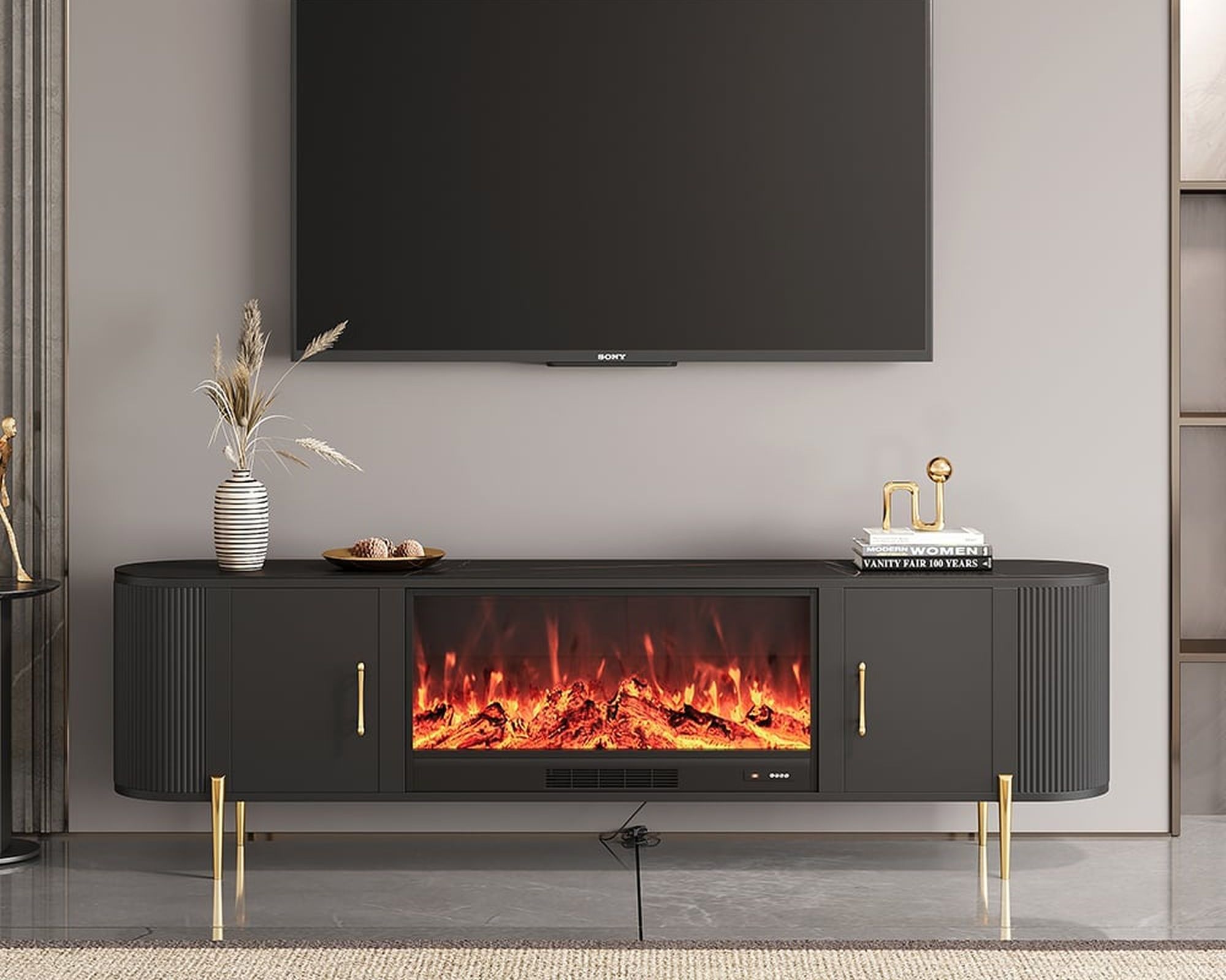 HMR 78.7" Modern Electric Fireplace TV Stand Sintered Stone Top with Remote Control - Black