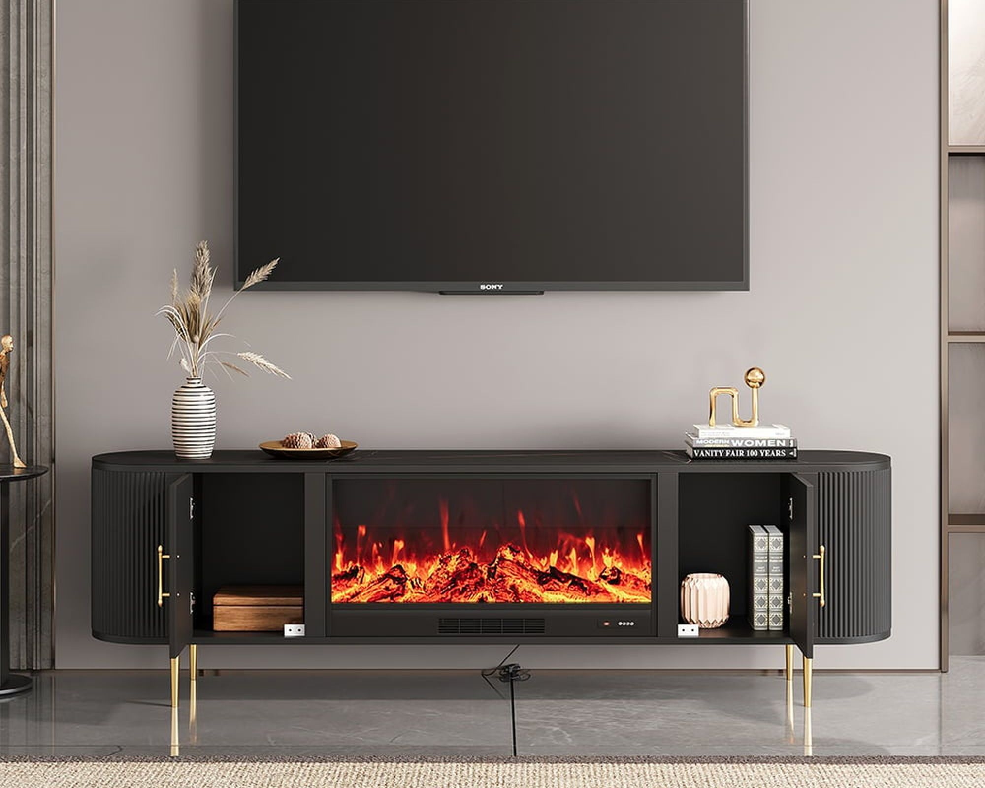 HMR 78.7" Modern Electric Fireplace TV Stand Sintered Stone Top with Remote Control - Black