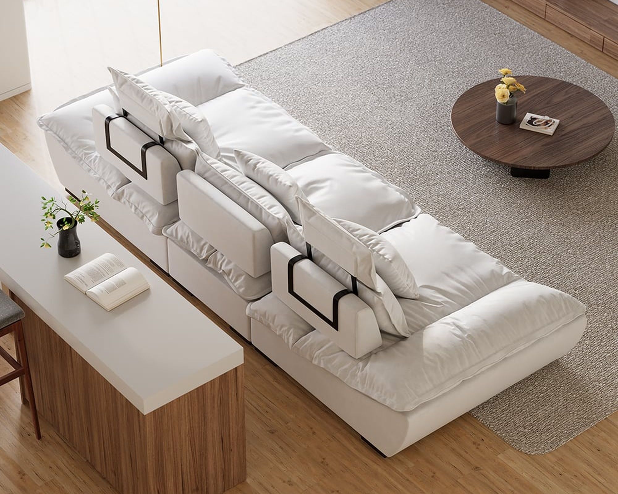 HMR 109.4" Modern Leath-Aire 3 Seater Deep Sofa with Adjustable Backrest Sailboat - White