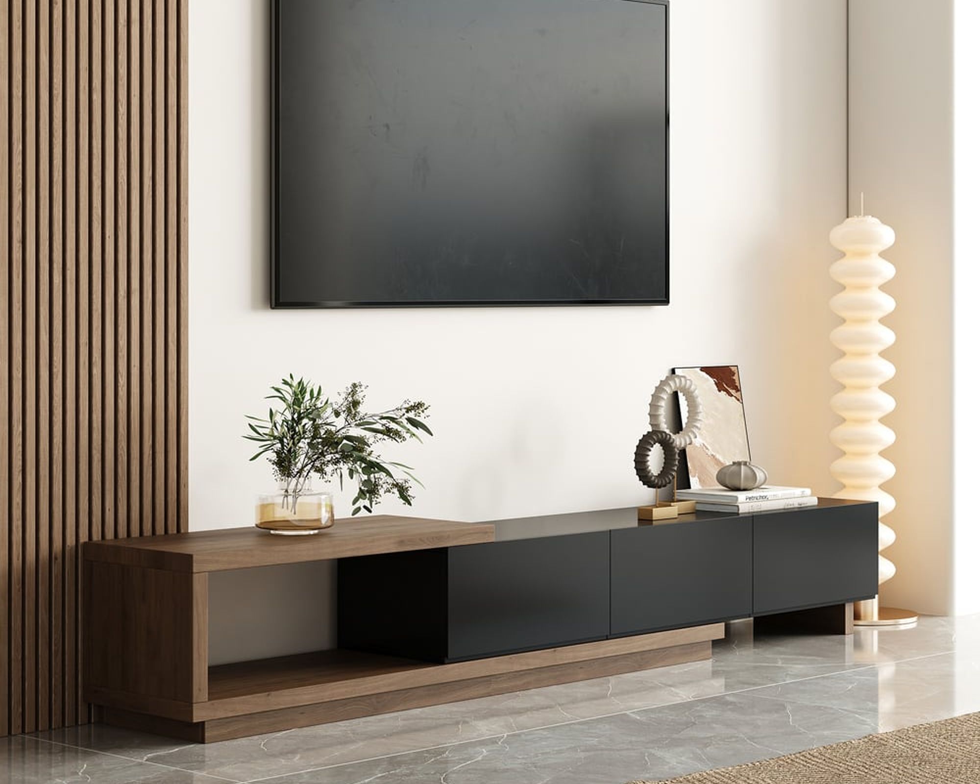 HMR Quoint Extendable TV Stand with 3 Drawers (71"-100") - Black & Walnut, MDF