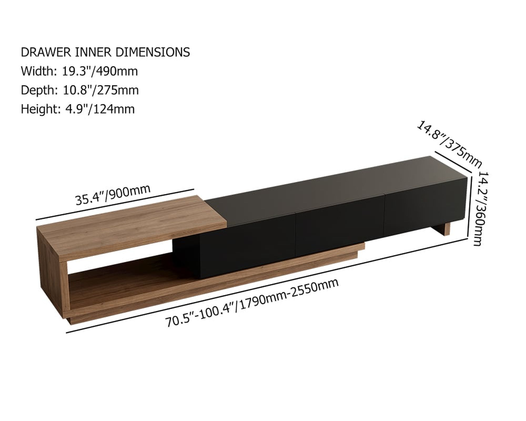 HMR Quoint Extendable TV Stand with 3 Drawers (71"-100") - Black & Walnut, MDF