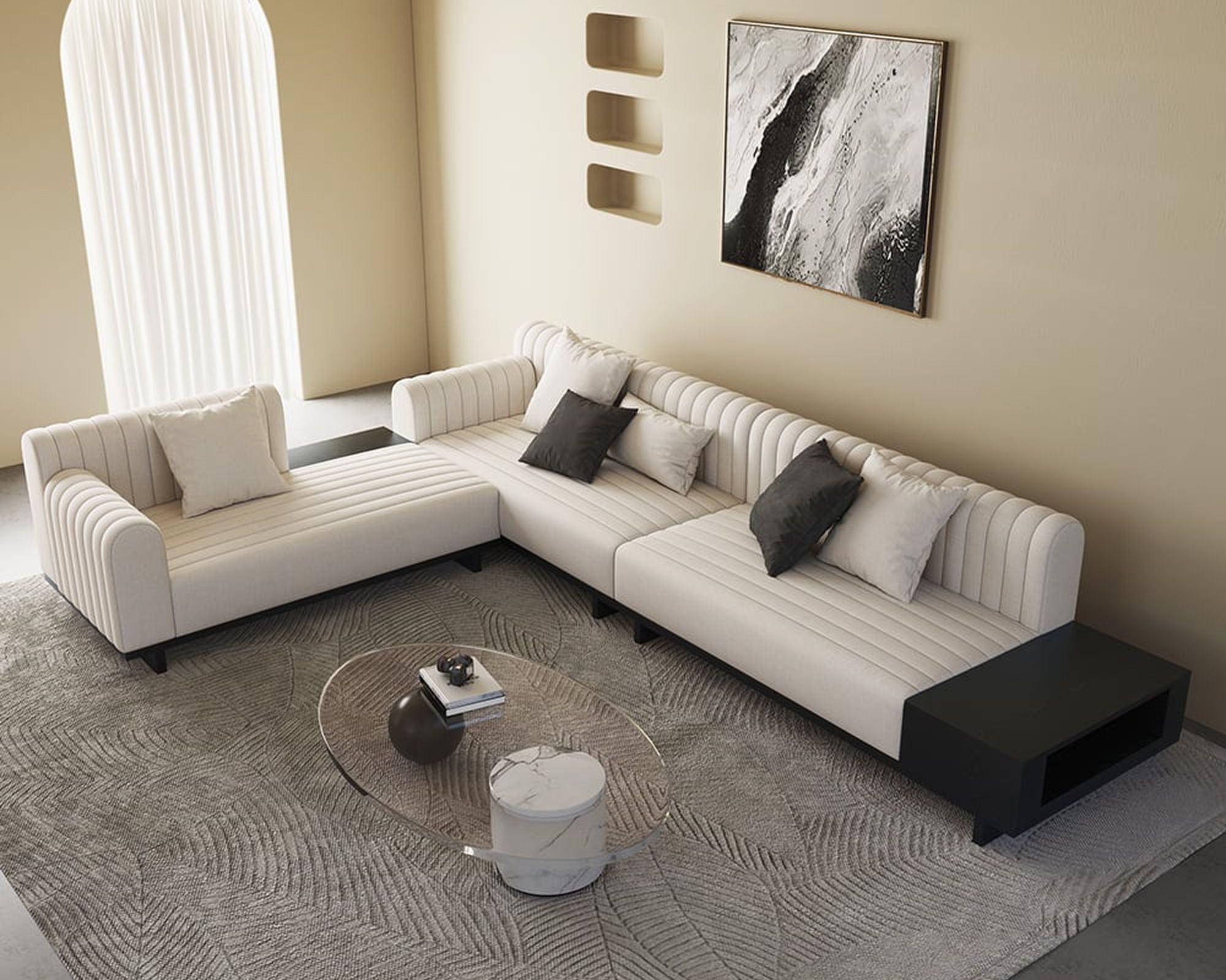 HMR 157" Modern Corner L-Shaped Sectional Sofa with Side Open Storage - Off-White, Linen