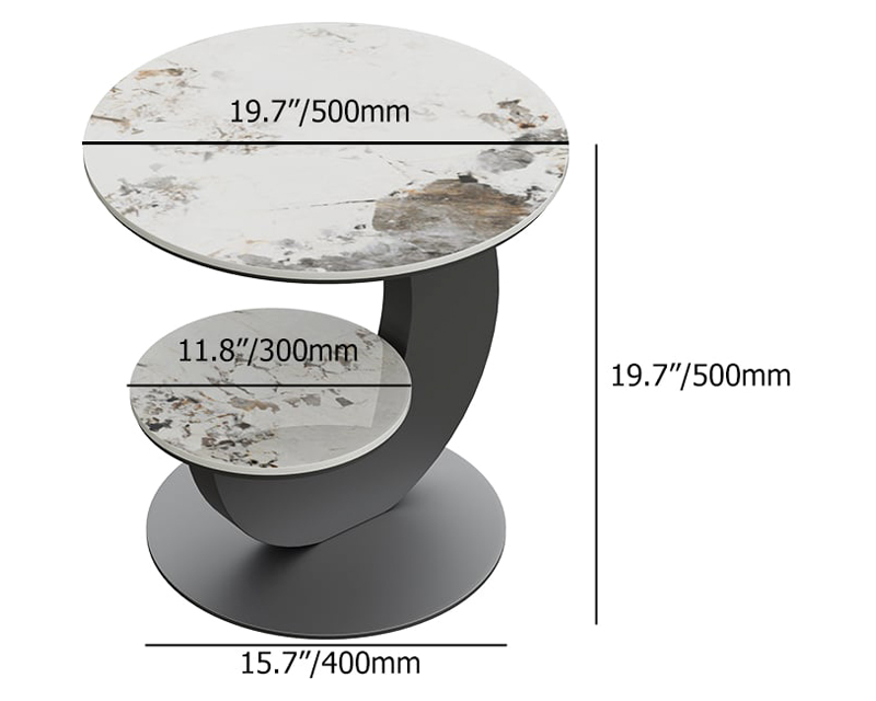 HMR 20" Round Sintered Stone 2-Tier Moon-Shaped Side Table - White & Gray