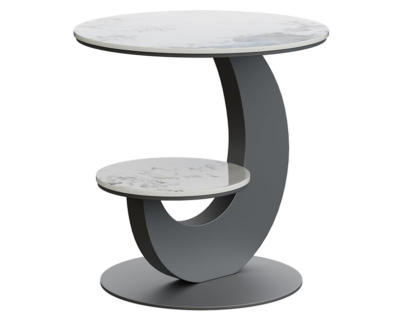 HMR 20" Round Sintered Stone 2-Tier Moon-Shaped Side Table - White & Gray