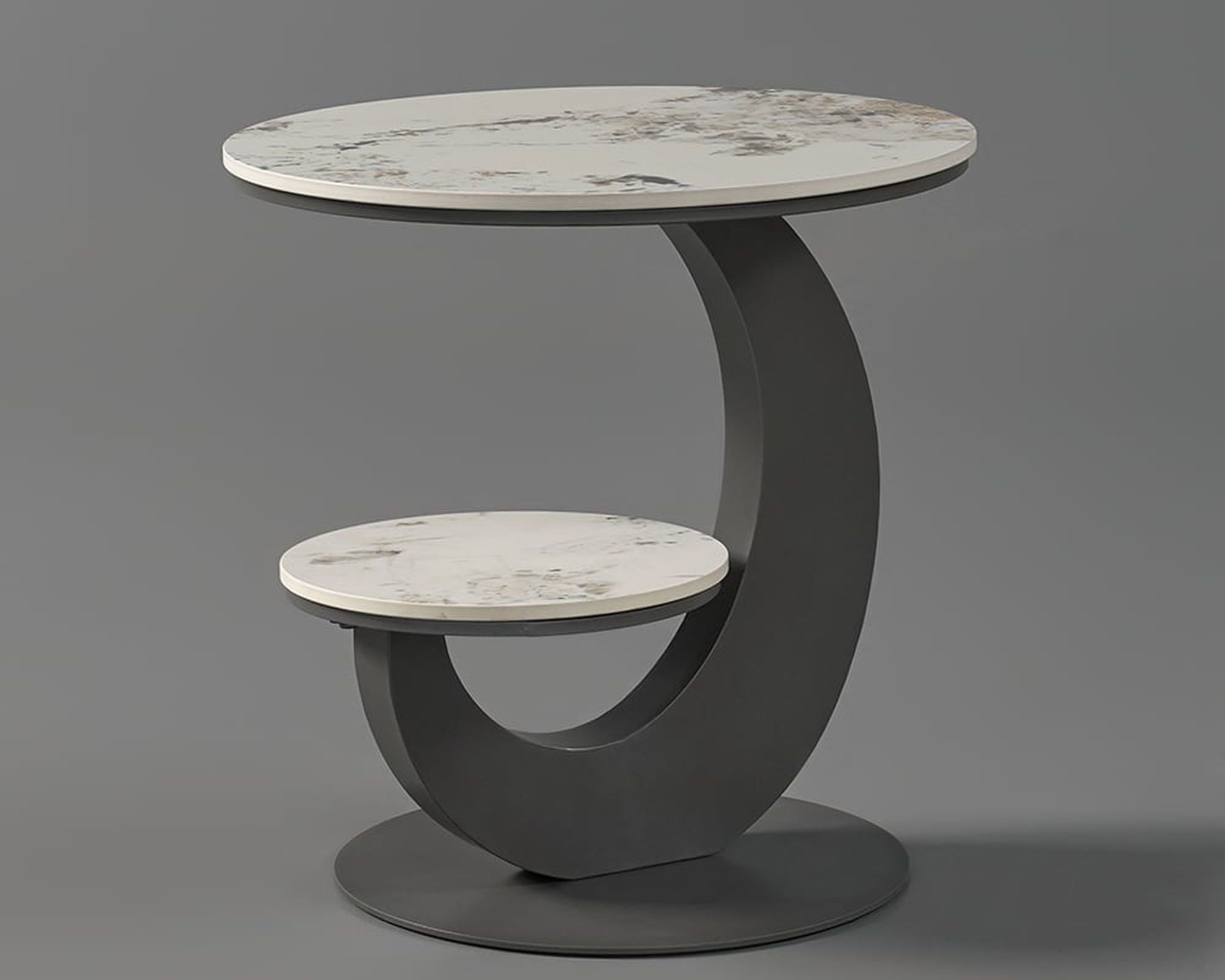 HMR 20" Round Sintered Stone 2-Tier Moon-Shaped Side Table - White & Gray