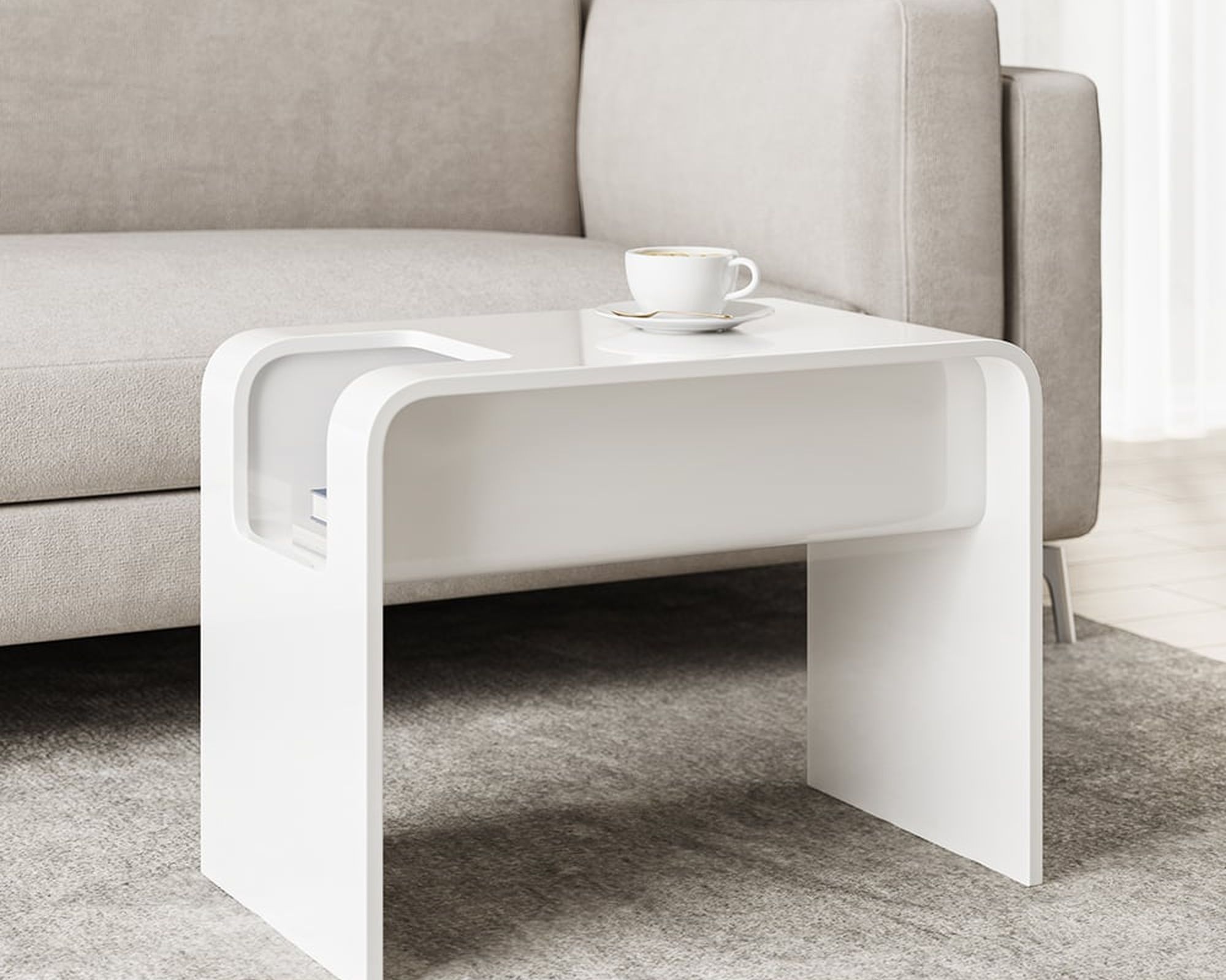 HMR C-Shaped Convertible Wood Side Table with Storage - White