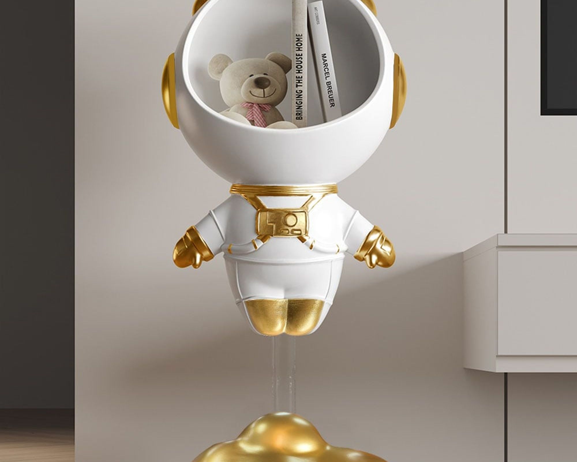 HMR Astronaut Resin Figurine Floating Side Table with Storage - Gold