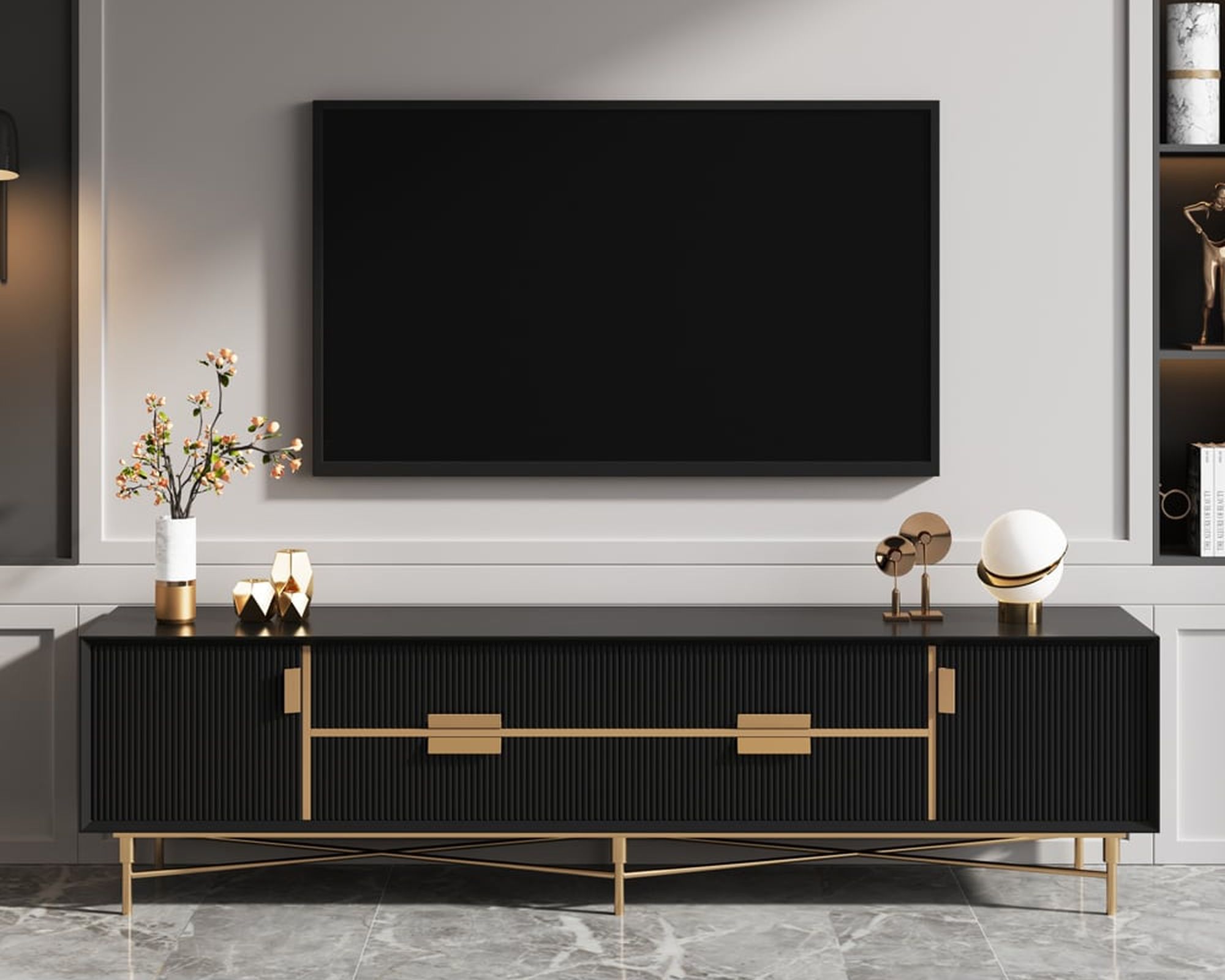 HMR Modern Rectangle TV Stand Media Console for 85" TVs with 4 Drawers & Doors MDF - Black, 78.7"