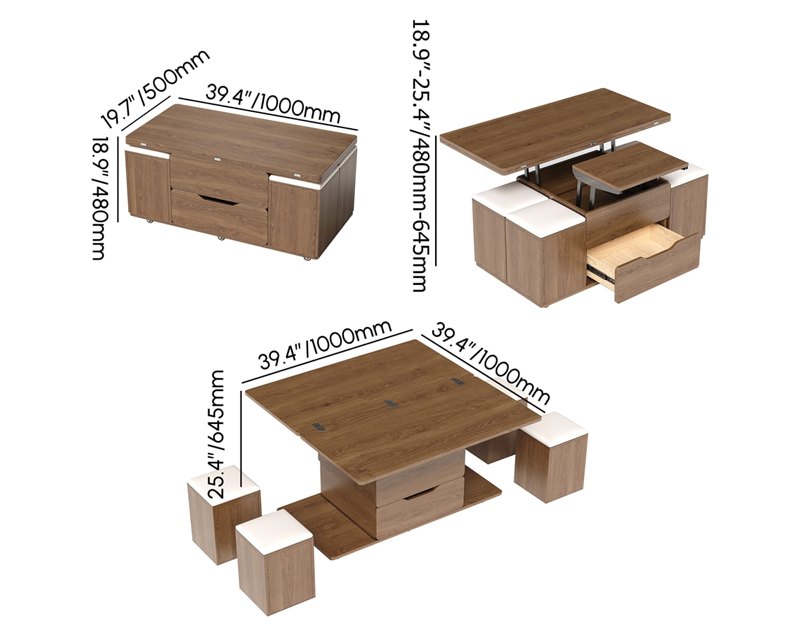 HMR 39" Lift-Top Foldable Coffee Table with 4 Stools & Storage - Walnut