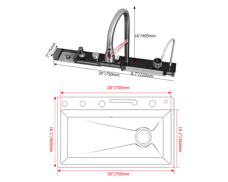 HMR 29" Drop-in Workstation Kitchen Sink with Faucet Single Bowl Stainless Steel