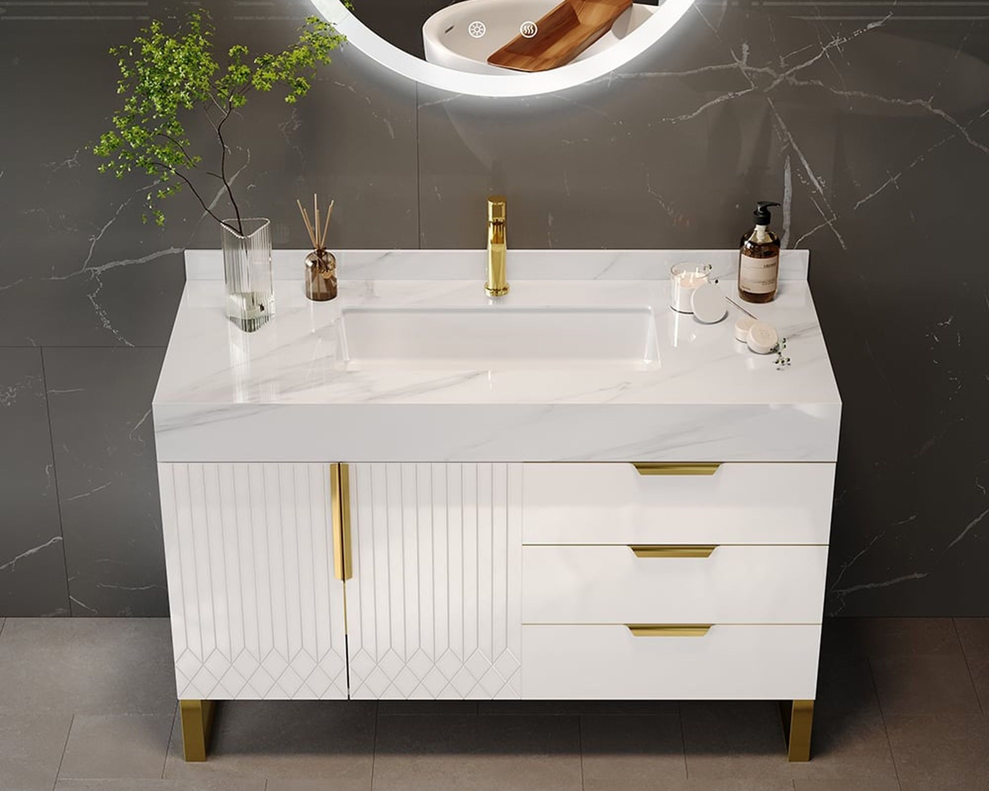 HMR Aro Freestanding Single Sink Bathroom Vanity Drawers Doors Faux Marble Top