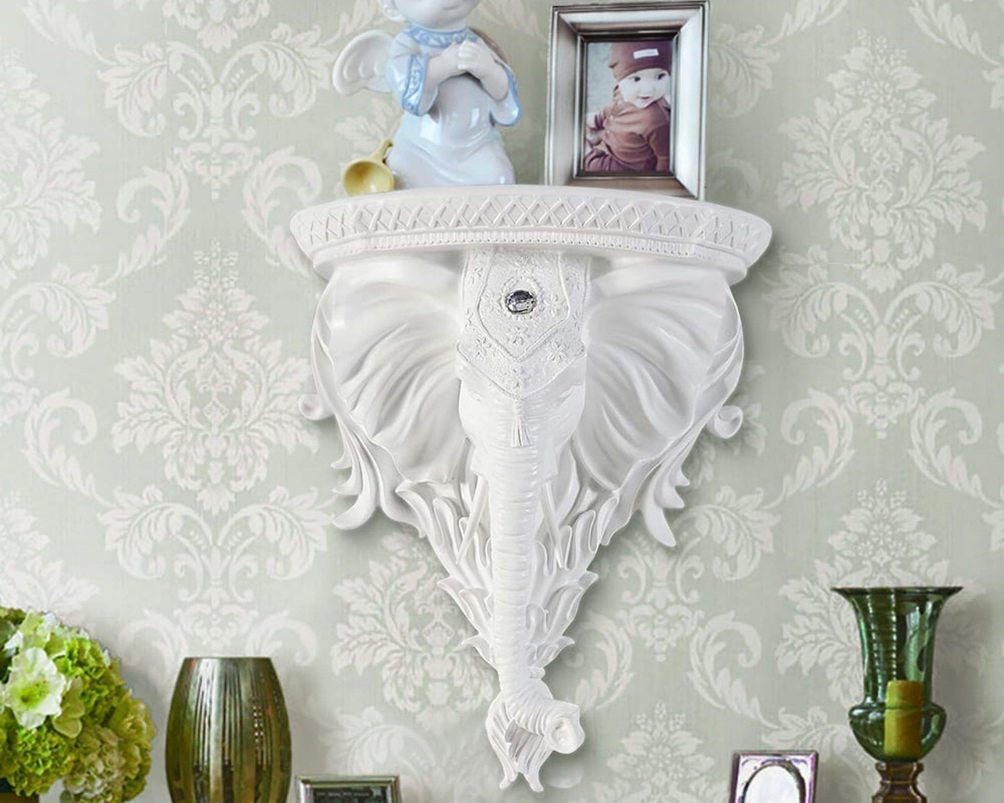 HMR 3D Traditional Resin Elephant Wall Mounted Shelves Floating Art Wall Shelf - White