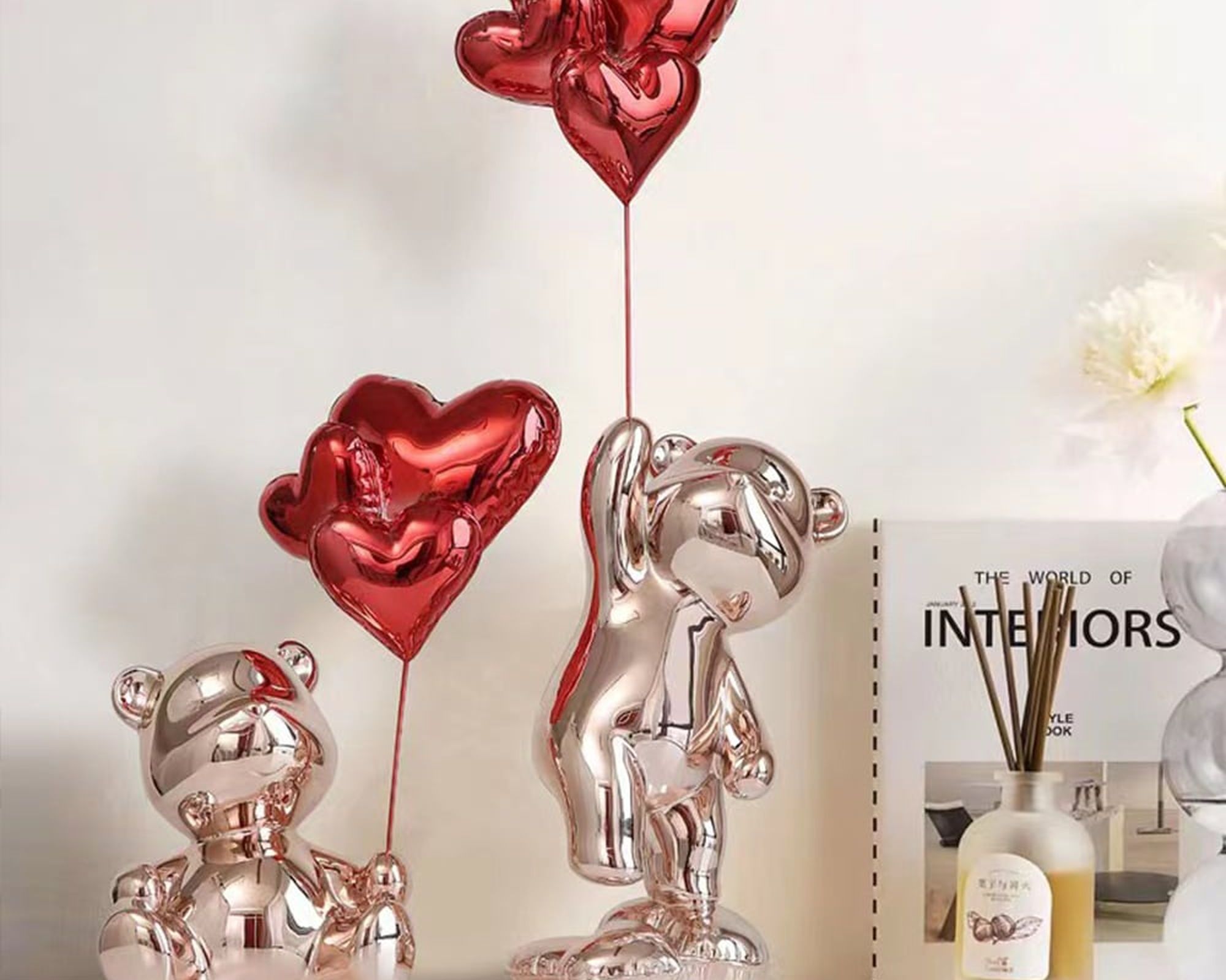 HMR Cute Pink Bear Statue Sculpture Ornament Decor with Red Heart Balloons - Red, 4.7"W x 3.9"D x 10.4"H