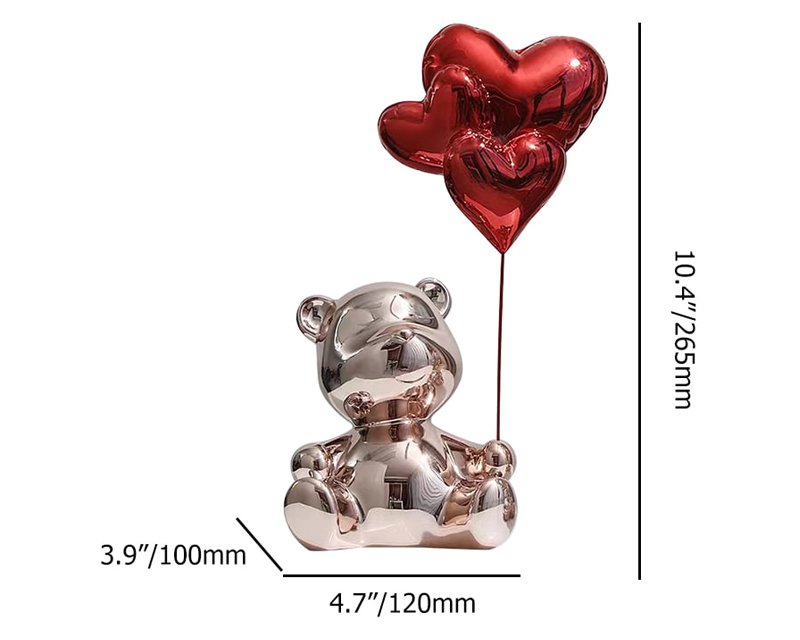 HMR Cute Pink Bear Statue Sculpture Ornament Decor with Red Heart Balloons - Red, 4.7"W x 3.9"D x 10.4"H