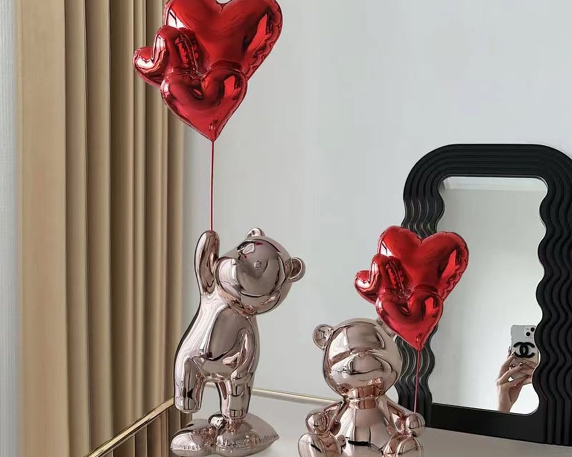 HMR Cute Pink Bear Statue Sculpture Ornament Decor with Red Heart Balloons - Red, 4.7"W x 3.9"D x 10.4"H