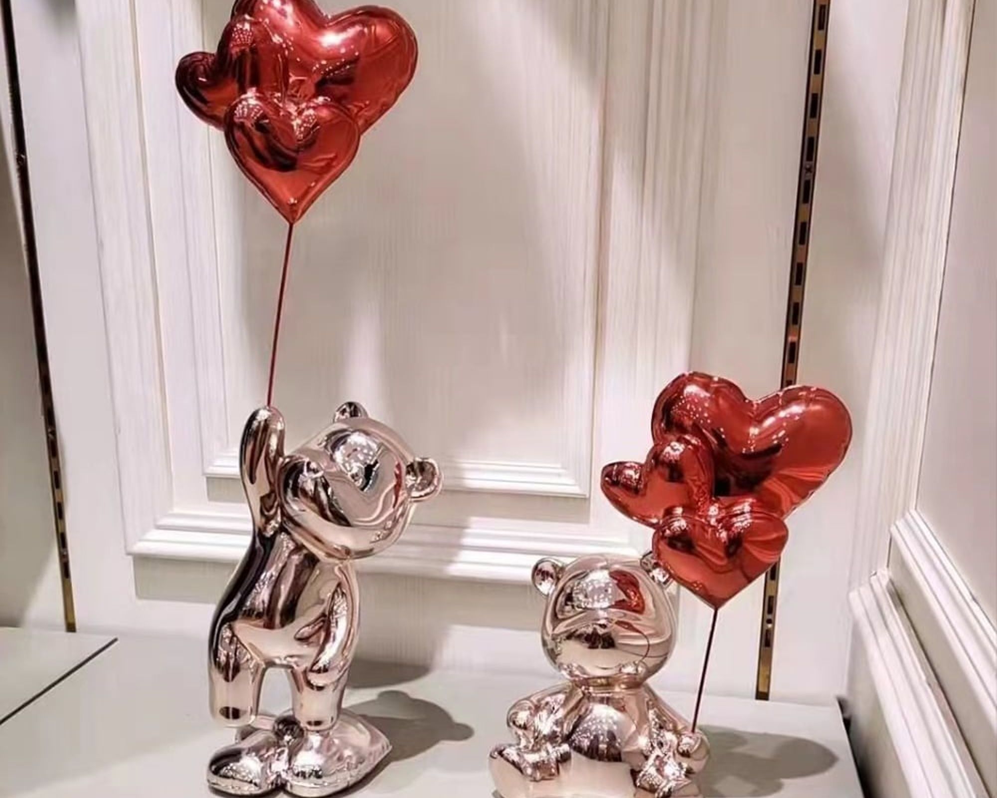 HMR Cute Pink Bear Statue Sculpture Ornament Decor with Red Heart Balloons - Red, 4.7"W x 3.9"D x 10.4"H