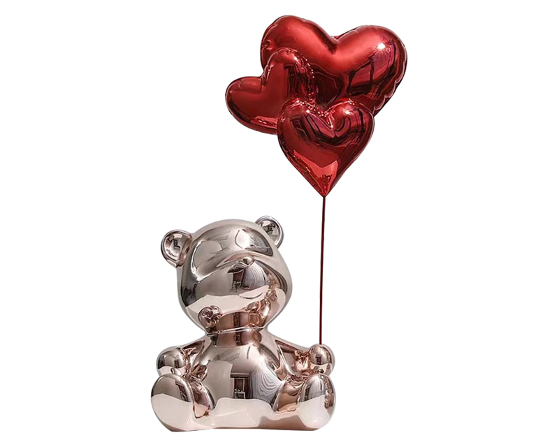 HMR Cute Pink Bear Statue Sculpture Ornament Decor with Red Heart Balloons - Red, 4.7"W x 3.9"D x 10.4"H