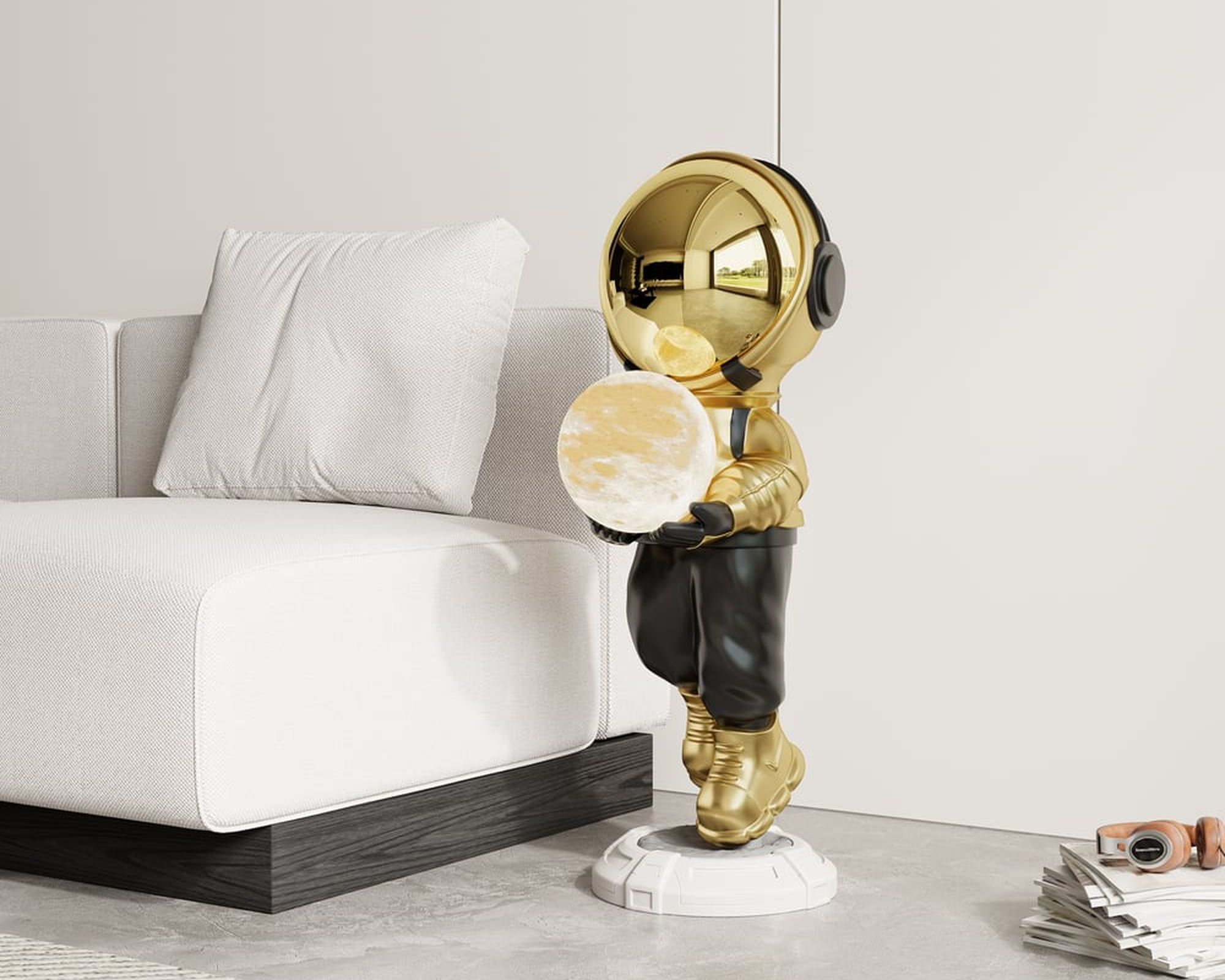 HMR 28.8" Astronaut Floor Sculpture Figurine Ornament Art Decor with Ball Lamp USB Charging - Gold & Black