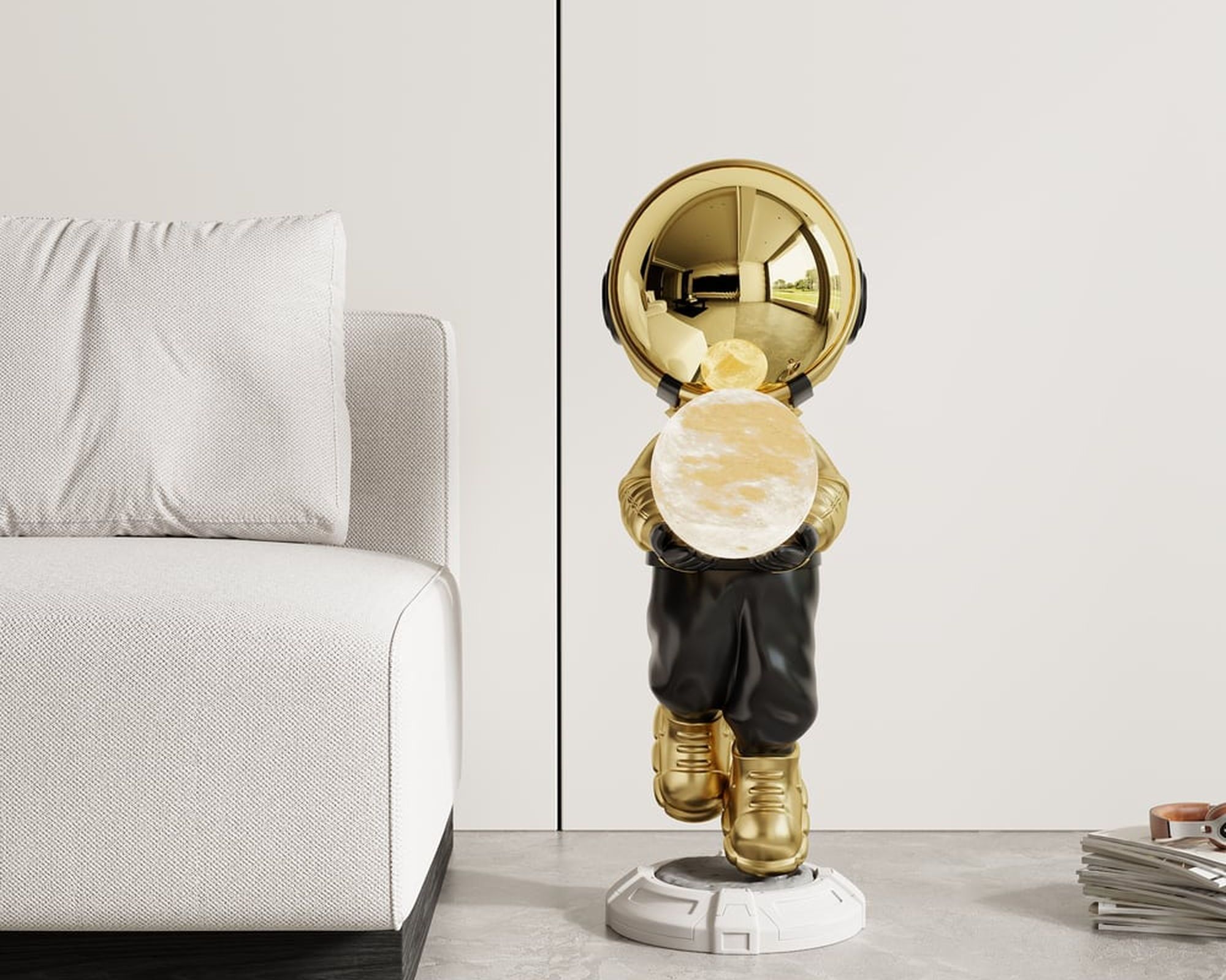 HMR 28.8" Astronaut Floor Sculpture Figurine Ornament Art Decor with Ball Lamp USB Charging - Gold & Black