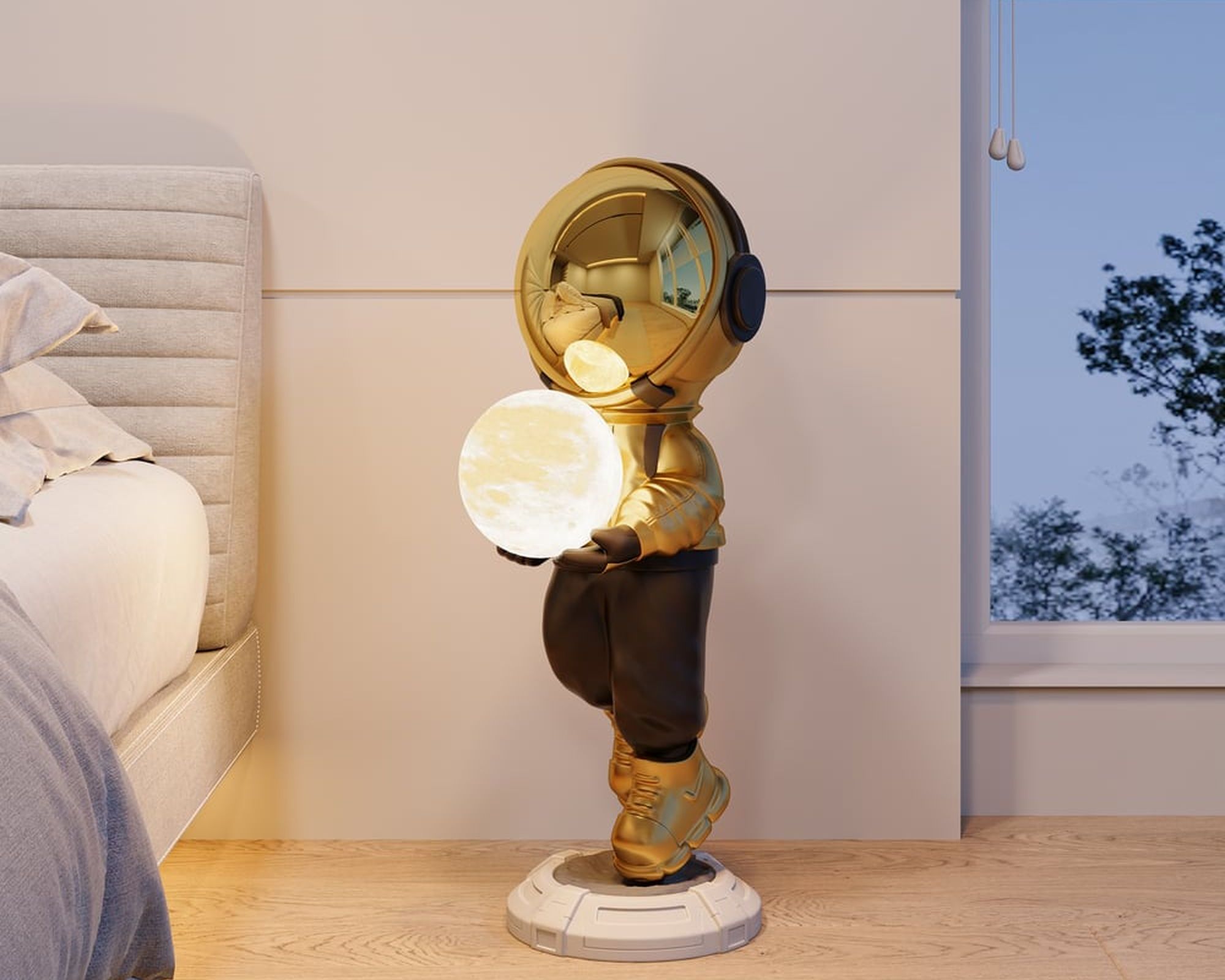 HMR 28.8" Astronaut Floor Sculpture Figurine Ornament Art Decor with Ball Lamp USB Charging - Gold & Black