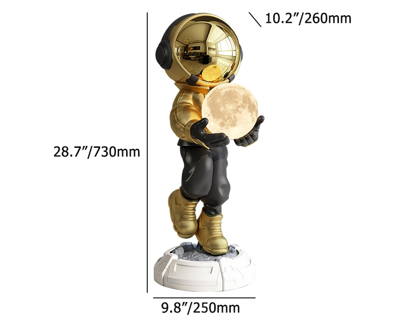 HMR 28.8" Astronaut Floor Sculpture Figurine Ornament Art Decor with Ball Lamp USB Charging - Gold & Black