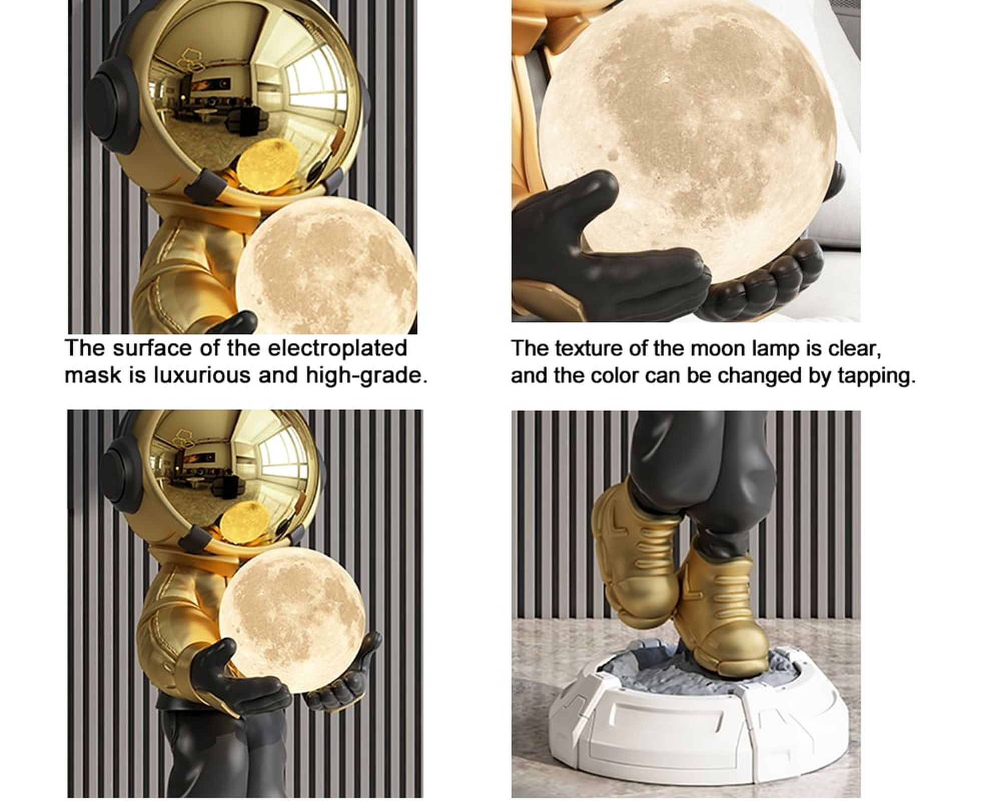 HMR 28.8" Astronaut Floor Sculpture Figurine Ornament Art Decor with Ball Lamp USB Charging - Gold & Black