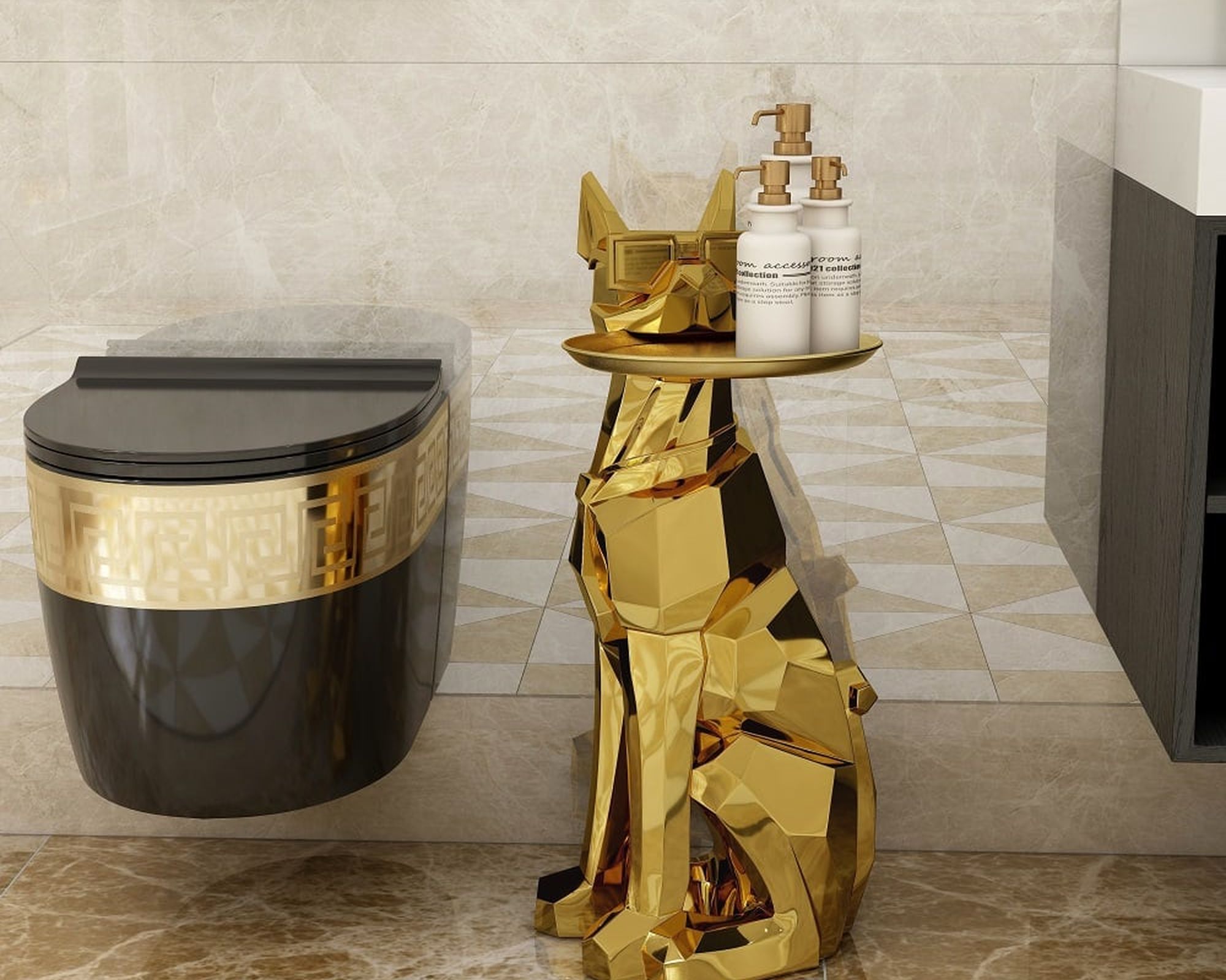 HMR Dog Sculpture Resin Side Table with Tray Top & Tissue Box - Gold