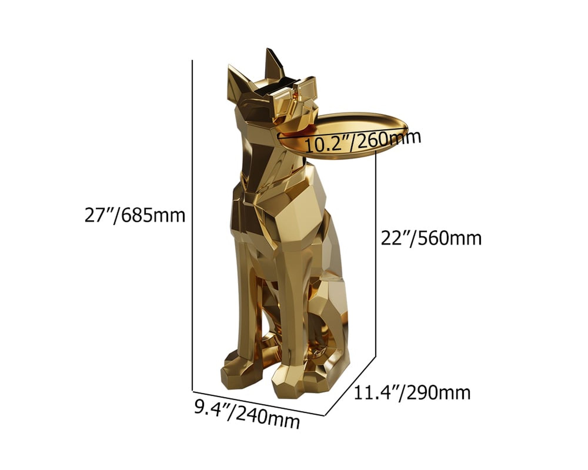 HMR Dog Sculpture Resin Side Table with Tray Top & Tissue Box - Gold