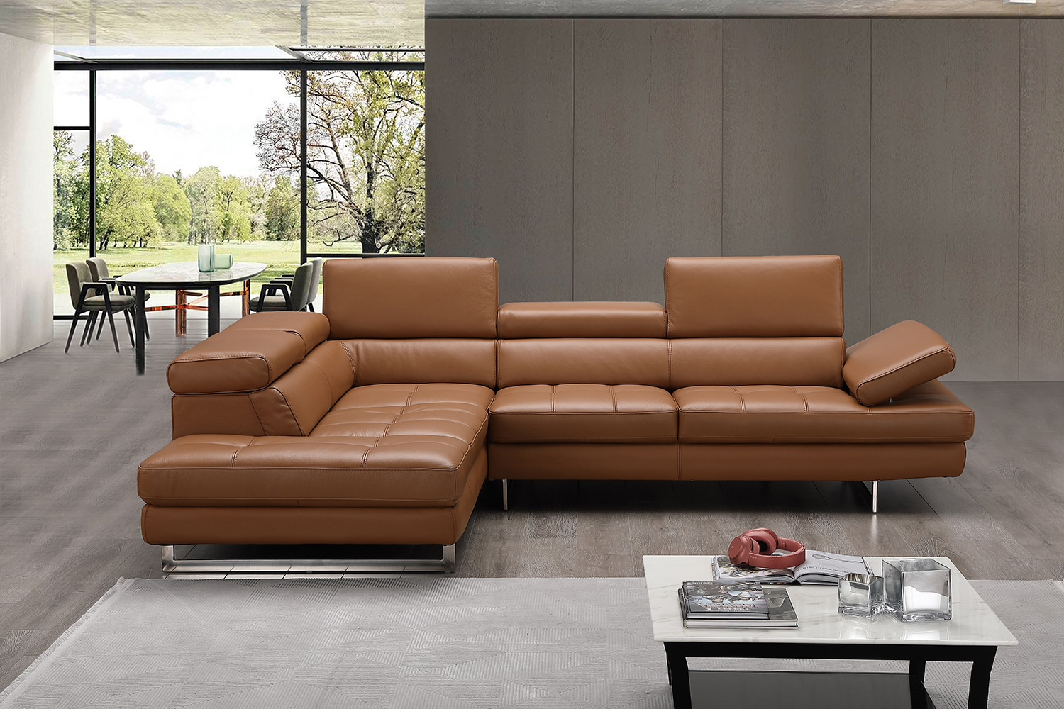 J&M A761 Italian Leather Sectional - Left Hand Facing, Caramel