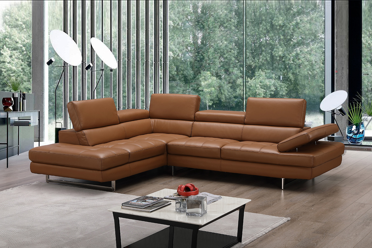 J&M A761 Italian Leather Sectional - Left Hand Facing, Caramel