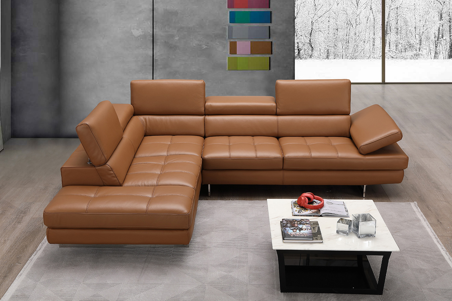 J&M A761 Italian Leather Sectional - Left Hand Facing, Caramel