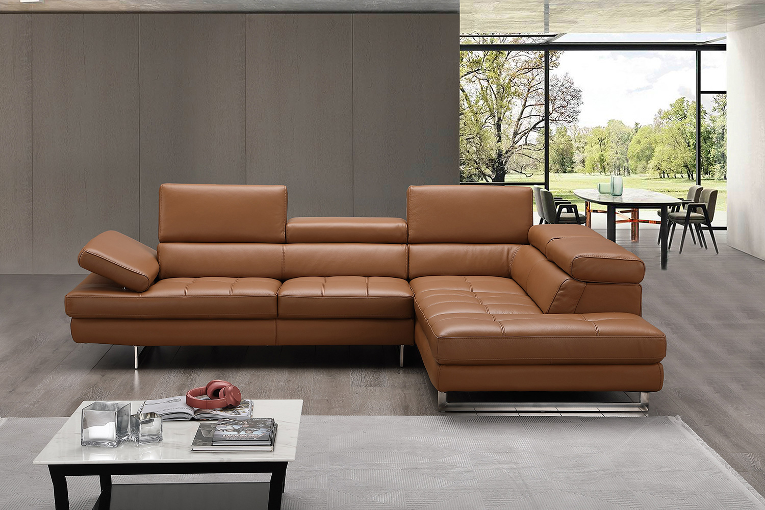 J&M A761 Italian Leather Sectional - Right Hand Facing, Caramel