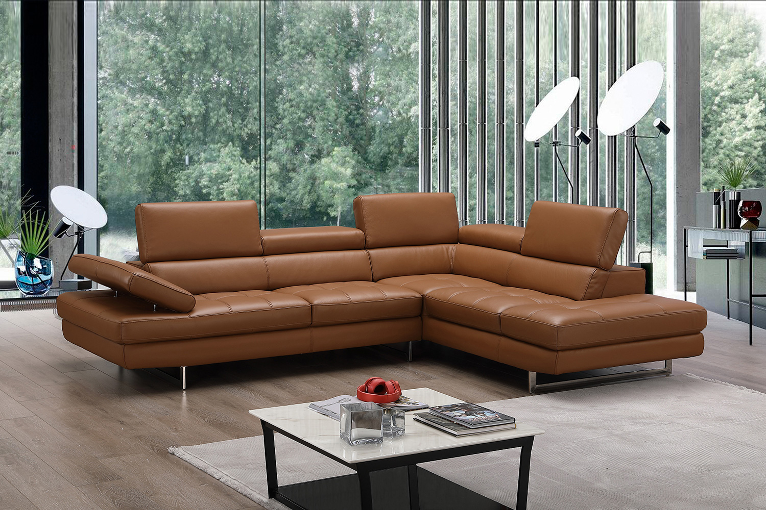 J&M A761 Italian Leather Sectional - Right Hand Facing, Caramel