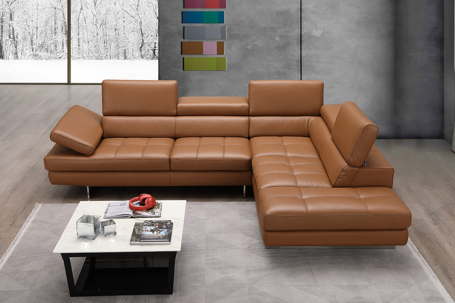 J&M A761 Italian Leather Sectional - Right Hand Facing, Caramel