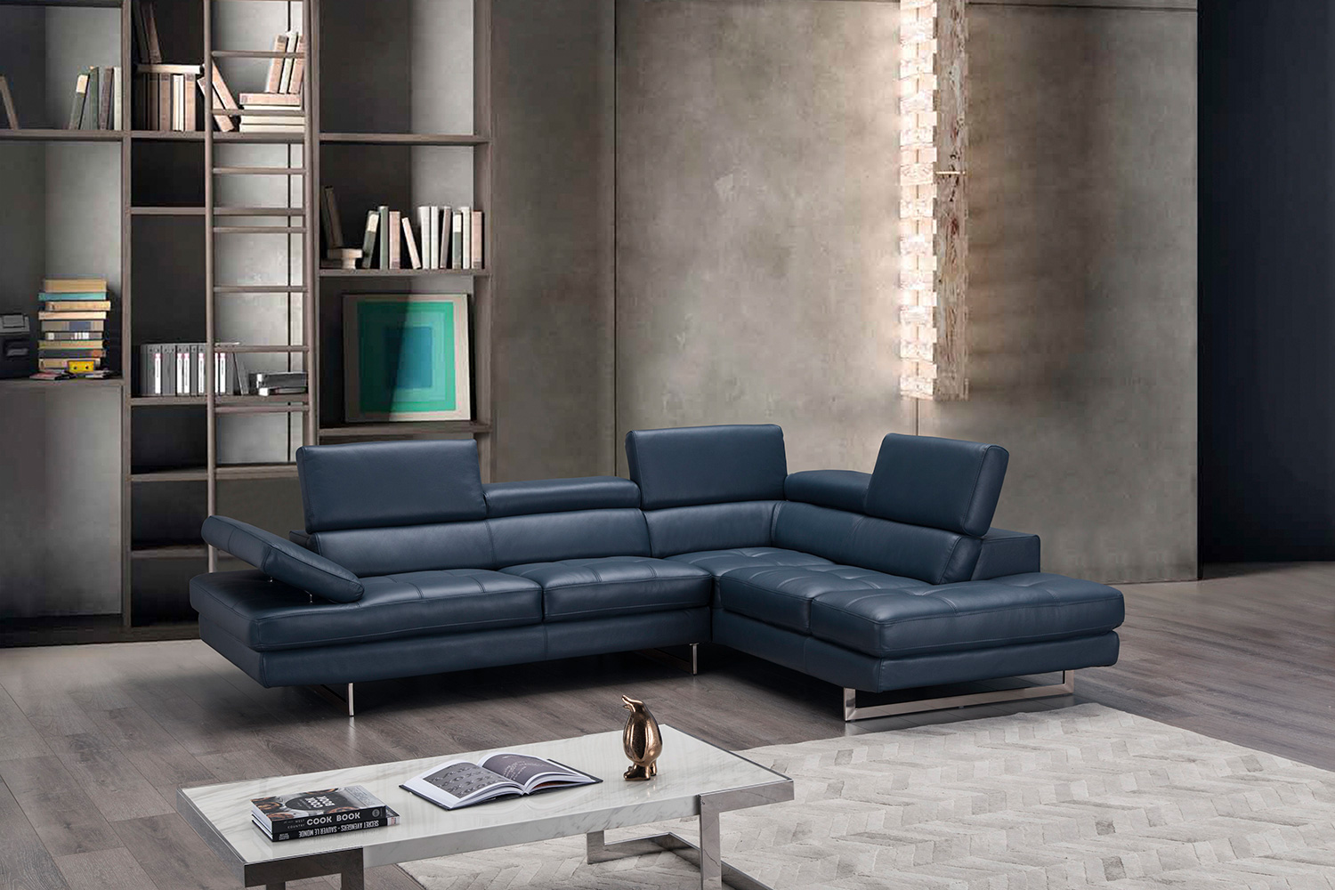 J&M A761 Italian Leather Sectional - Right Hand Facing, Blue