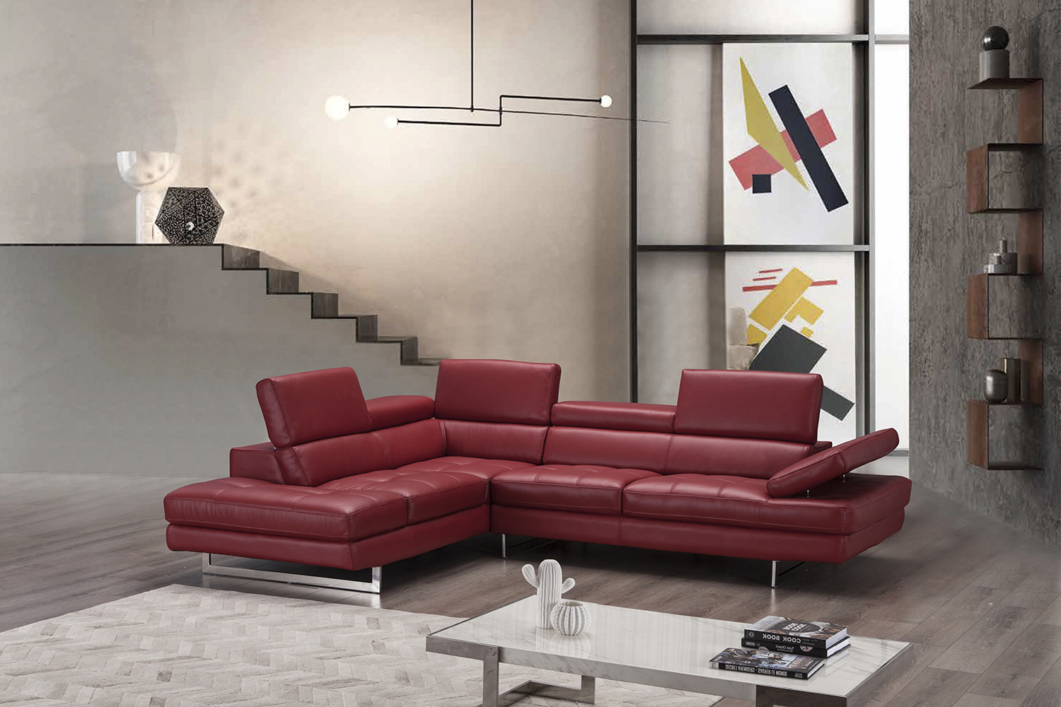 J&M A761 Italian Leather Sectional - Left Hand Facing, Red