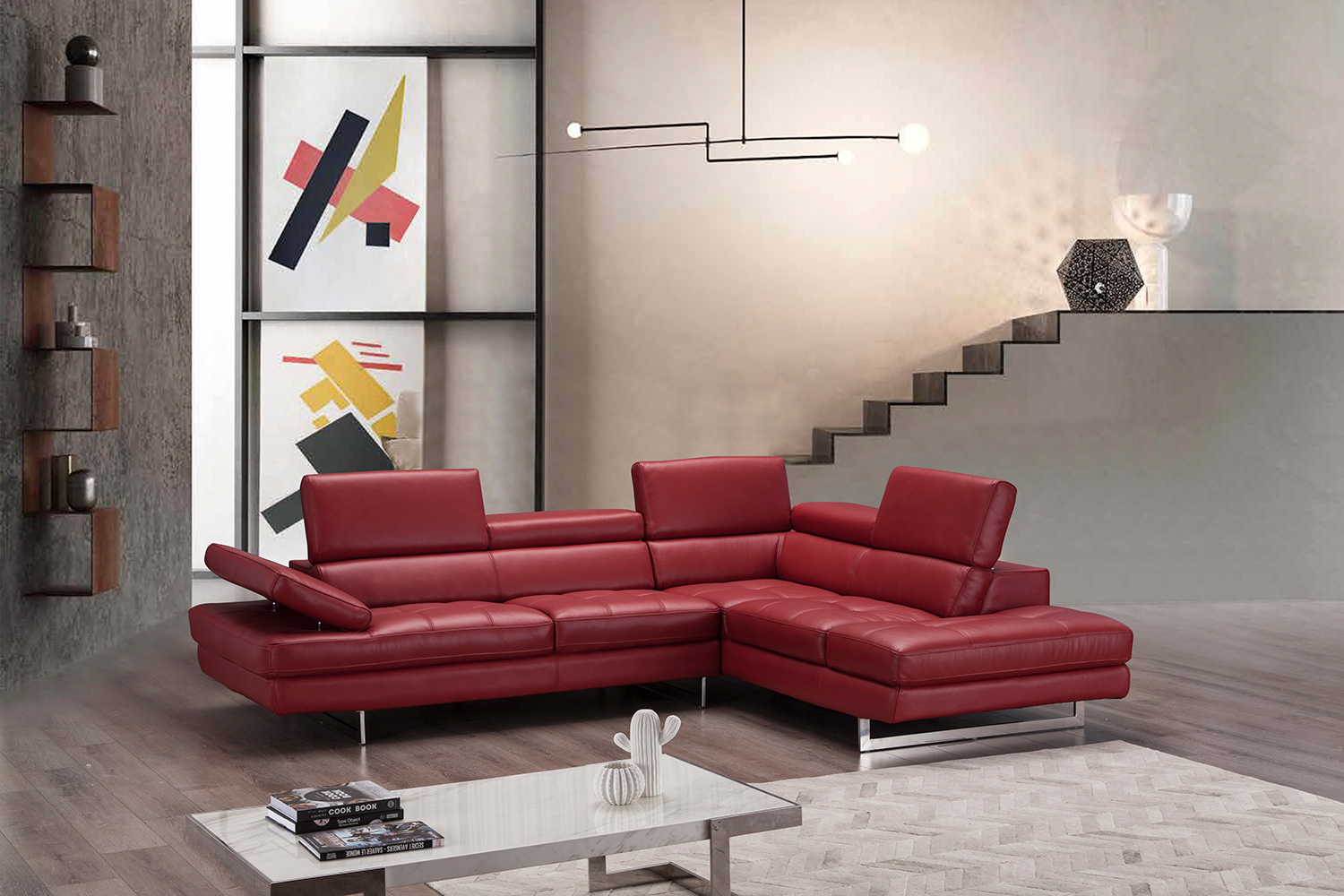 J&M A761 Italian Leather Sectional - Right Hand Facing, Red