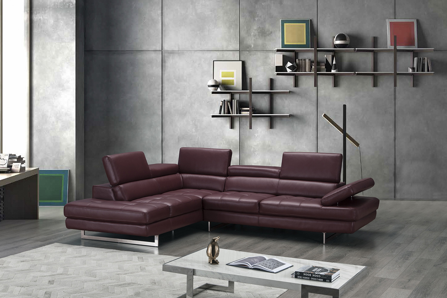 J&M A761 Italian Leather Sectional - Left Hand Facing, Maroon