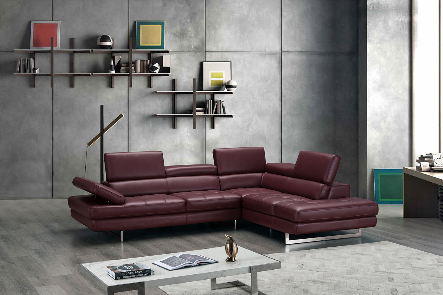 J&M A761 Italian Leather Sectional - Right Hand Facing, Maroon