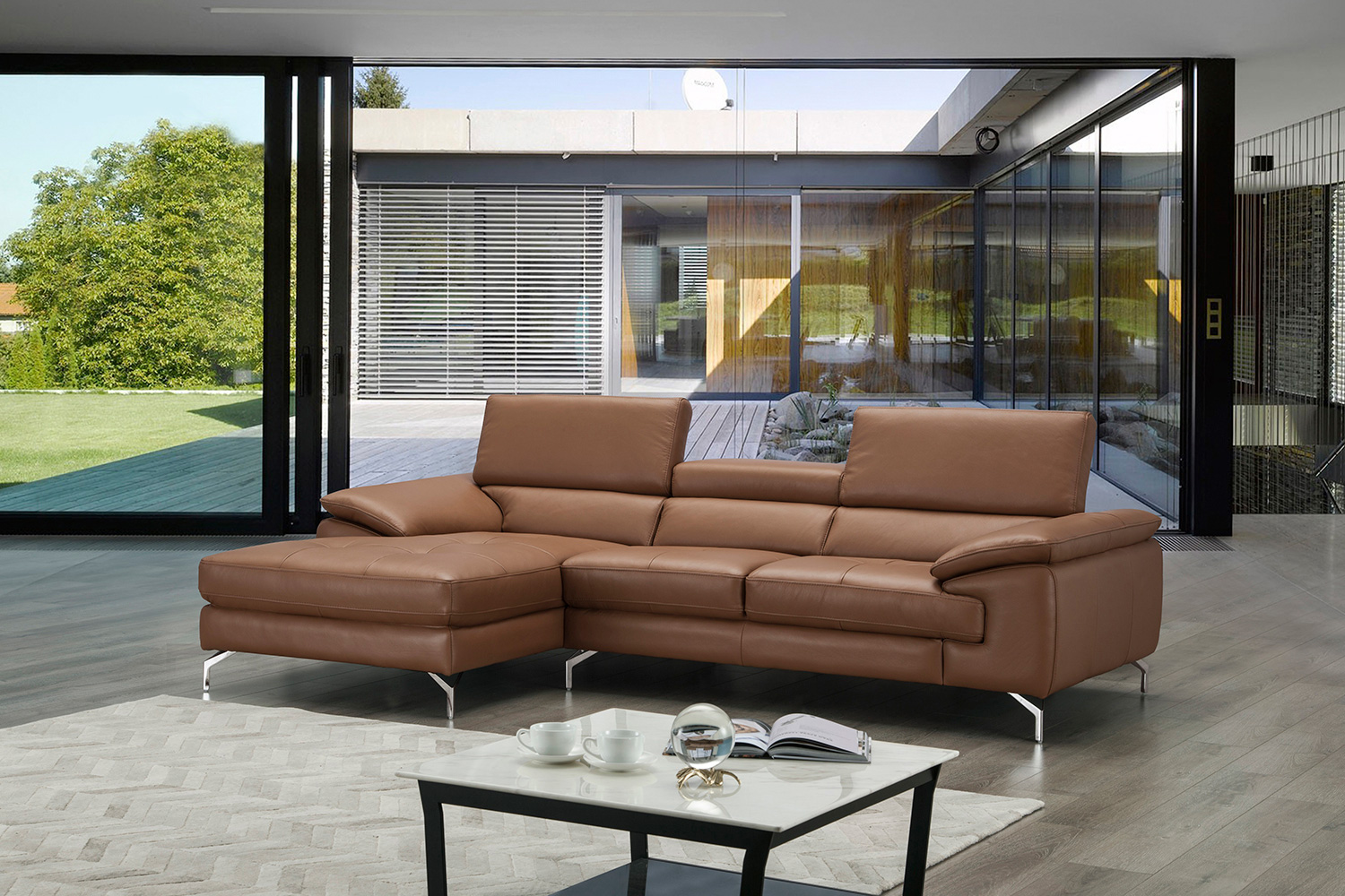 J&M A973B Italian Leather Mini Sectional - Left Facing Chaise, Caramel