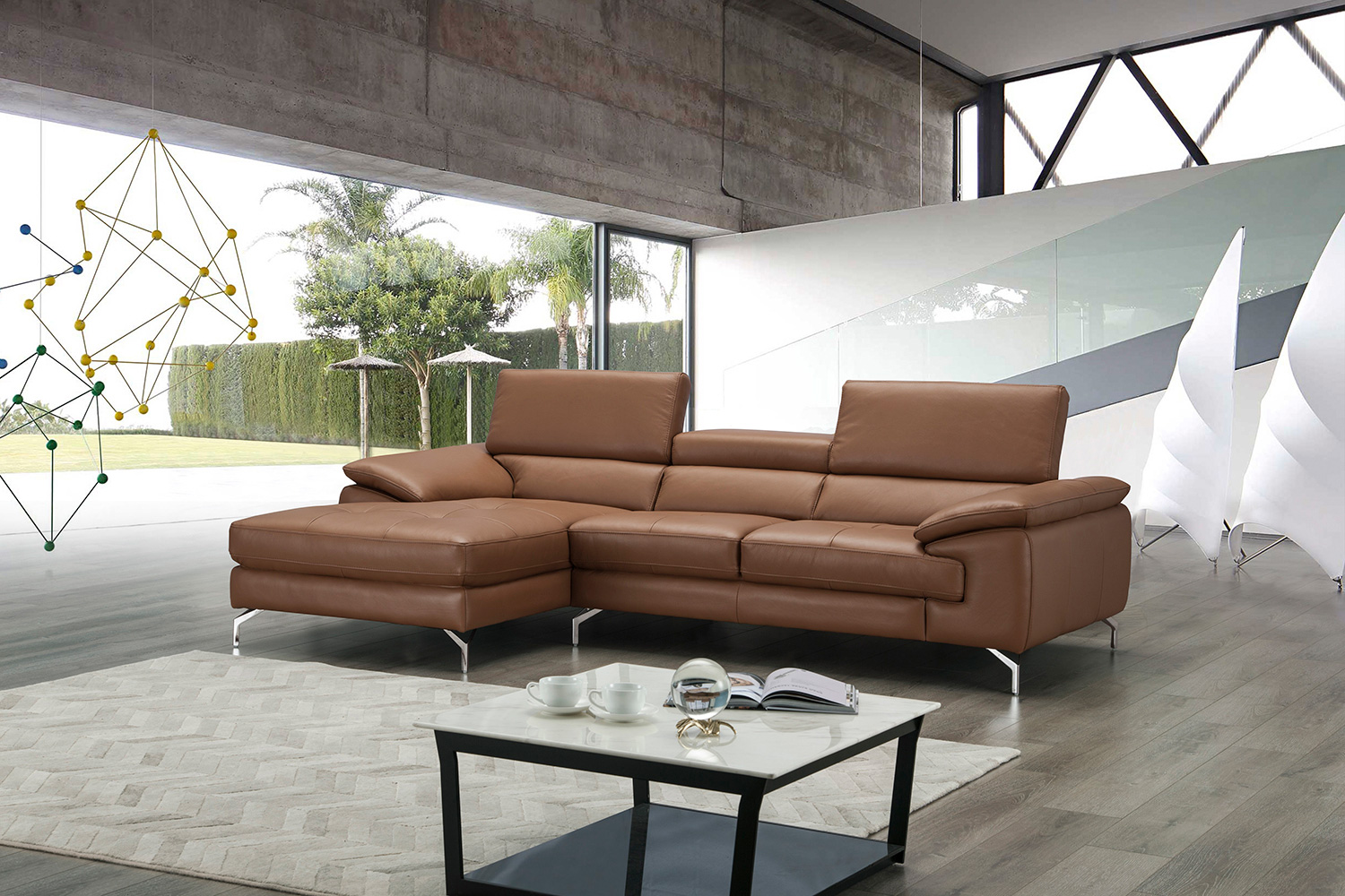 J&M A973B Italian Leather Mini Sectional - Left Facing Chaise, Caramel