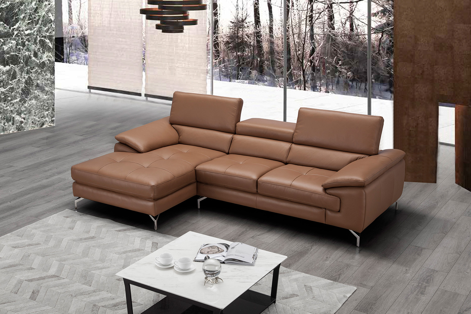 J&M A973B Italian Leather Mini Sectional - Left Facing Chaise, Caramel